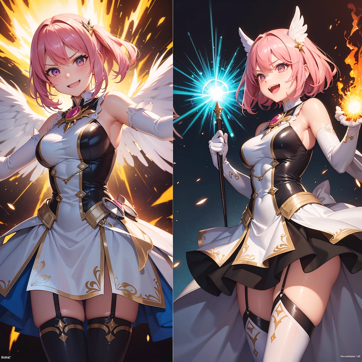 (comic_layout:1.3), (fighting stance:1.2), magical girl, (hug), multiple views, ((face focus)), perfect detailed eyes, (explosion:1.2), (reflection burst fire), growing detailed eyes, kawaii angelic eyes, medium hair, brilliant white medium dress, white elbow gloves, luminescence wing hair ornament, holding wand, skirt, wing brooch, medium breasts, pink hair, pink eyes, pink thigh highs, upper body, sleeveless, (burst into laughter:1.3), disdain, smile, annoyed, (brilliant colorful luminescence effect background), monster, BREAK (best quality:1.3), (absurd resolution:1.1), (top quality:1.1), masterpiece, high resolution, immensely beautiful, extremely detailed CG, incredibly absurdres