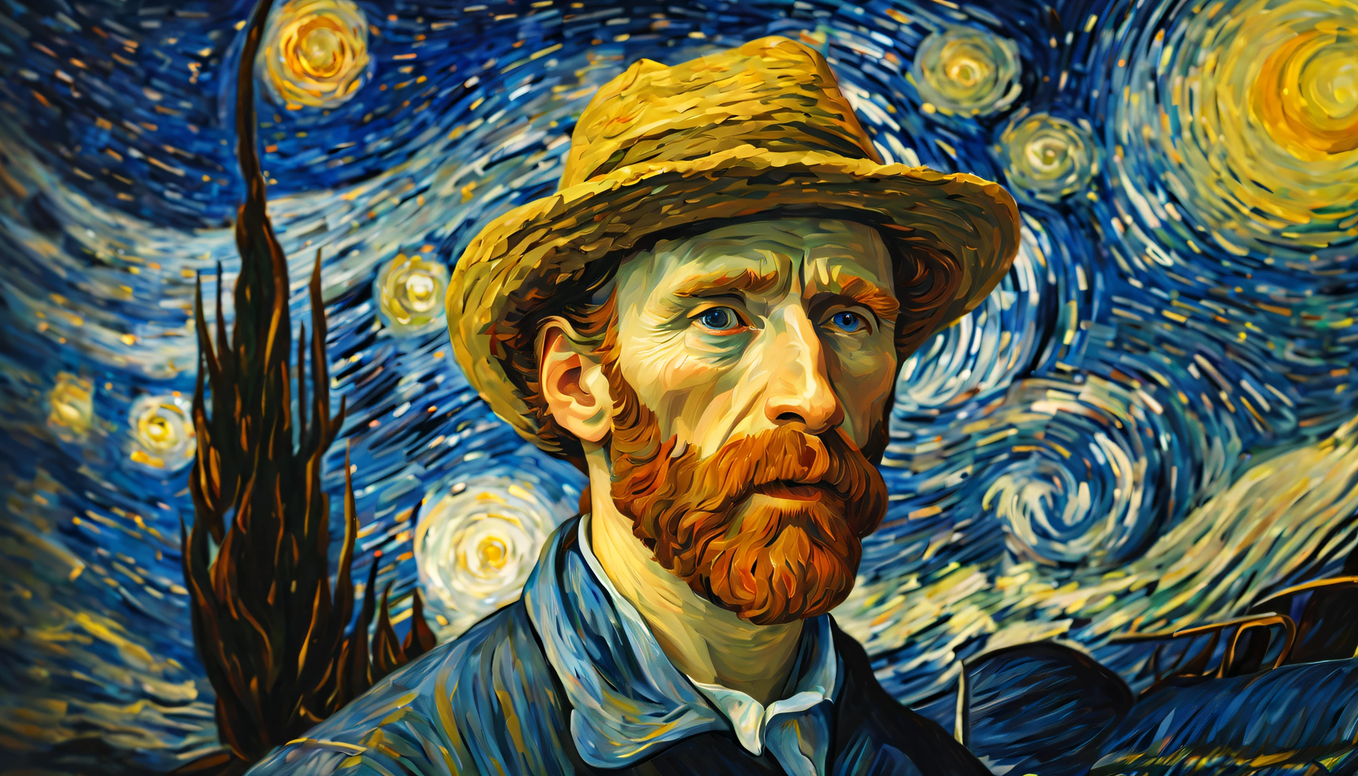 Selfie of impressionist painter Van Gogh against the backdrop of a starry night,  fisheye lens, 8K camera, wide view, (Best Quality), Complex and detailed 3D rendering, Cinematic light, films, photograph realistic