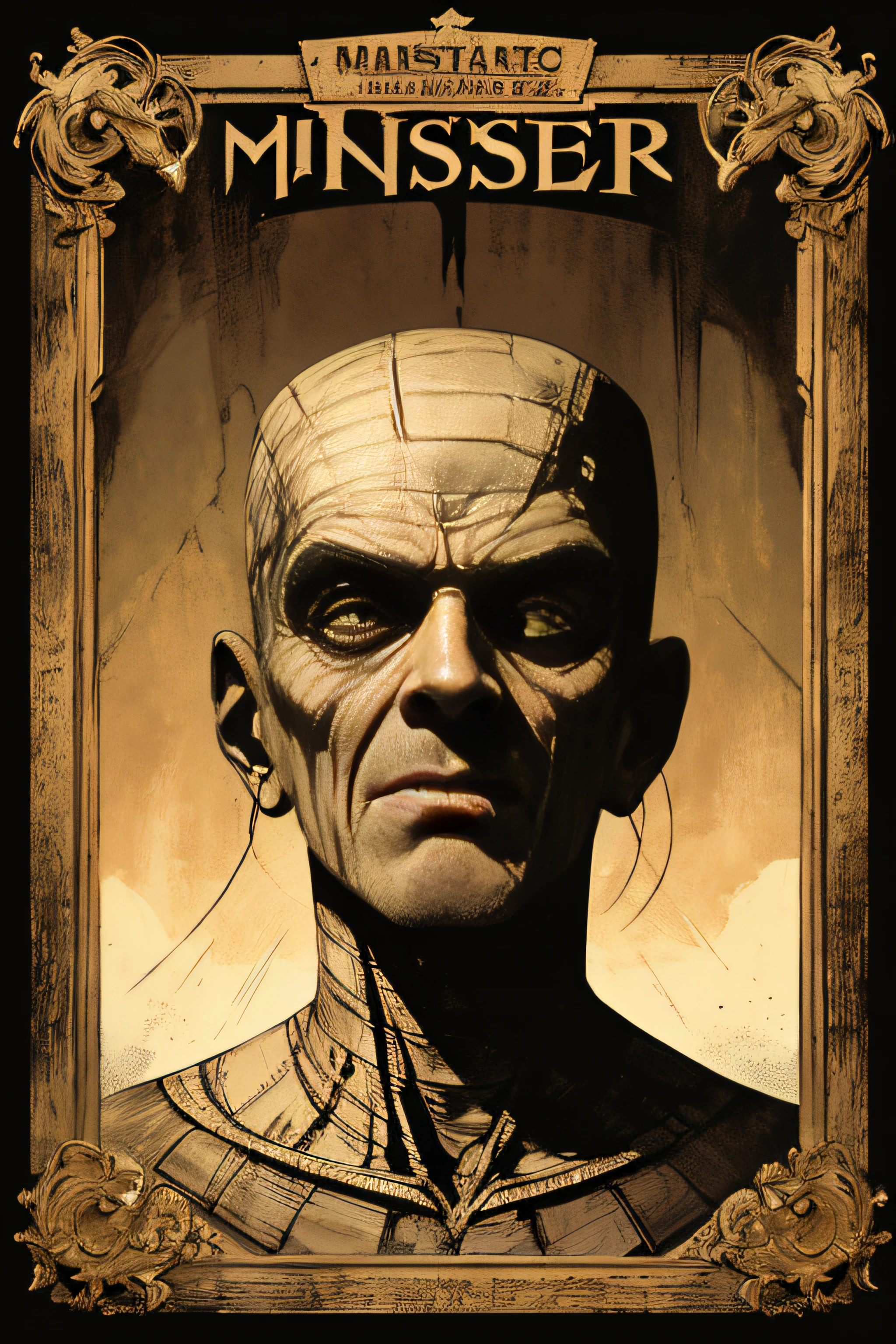 (Masterpiece, Best Quality), 8k Wallpaper, highly detailed, poster, The Mummy, Imhotep, Boris Karloff vintage horror, 1940s, gothic horror thriller cinematic movie poster, Bauhaus, shapes, lines, abstract, propaganda, gothic, movie poster, vintage, horror, low angle shot.