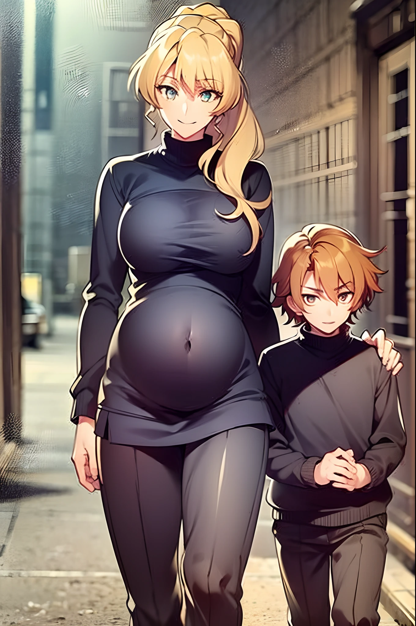 masterpiece, best quality, 1girl, alicetaria,blonde hair, l, mother and son , mom and shota, long hair, ponytail, blue eyes, blue shirt, pleated skirt, solo, simple background, bikini, beach, , alicetaria and son, motherly, walking, family, mother and child,boy, smile ,Pregnant, tall woman, brown hair boy,, alicetaria in couple with yuuya, husband and wife, yuuya with pants and pullover