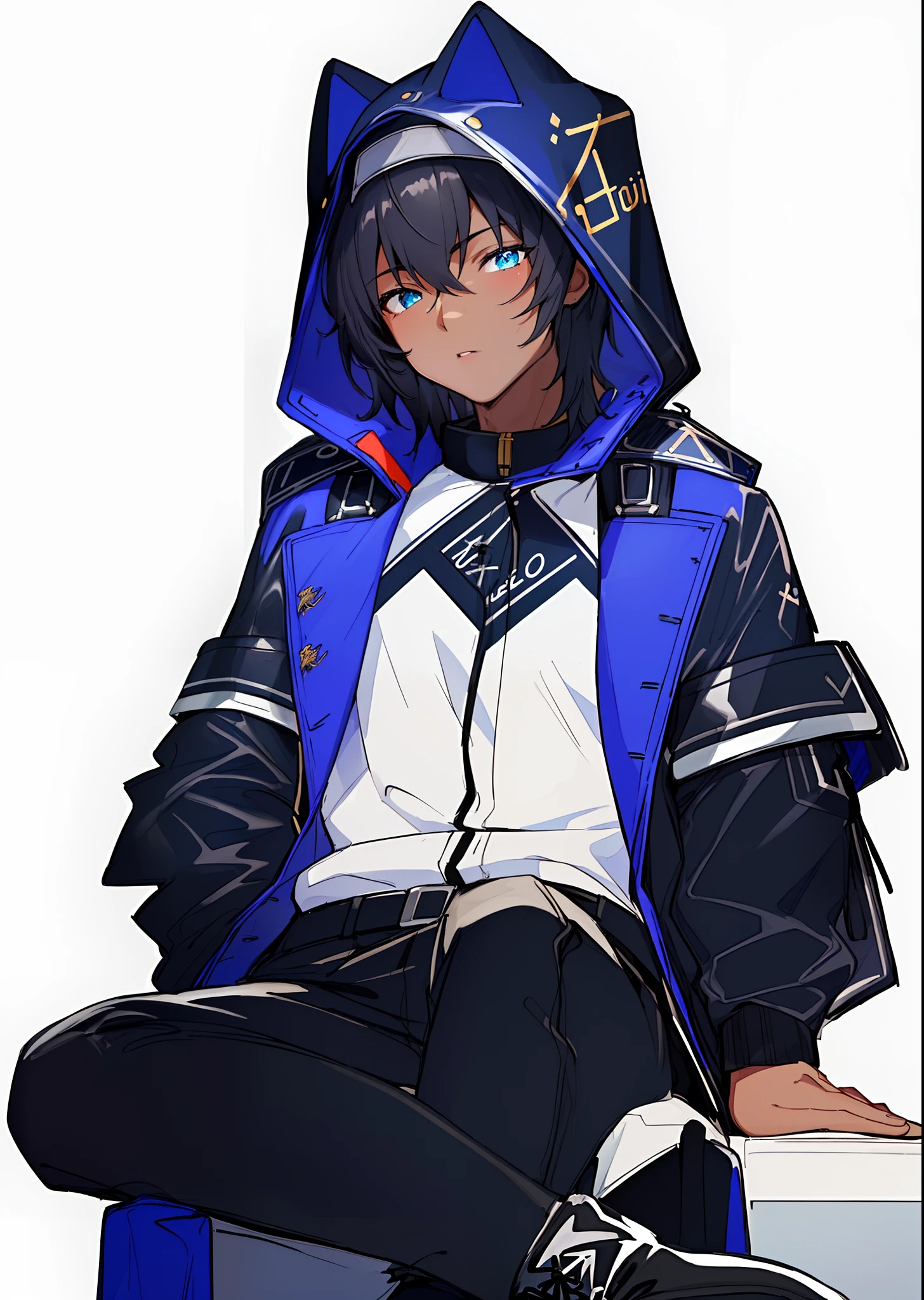 (best quality,4k,8k,highres,masterpiece:1.2), focused,anime art,(medium shot:1.5),(portrait:1.1),1boy,(teenager),dark skin,sitting,(broad overcoat with blue color),cat-hood,Air jordans, bokeh, bellow view, crossed legs.