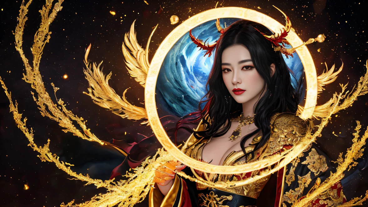 32K,复杂,ellegance,highly detailed,A majestic,Digital photography,Autumn cowboy shot,surrealism painting,Broken rubies,Beating magic,Entwined water magic,(tmasterpiece,Cinematic light,Fine beautiful eyes:1.2),hdr,Void 5 Energy Storm,(faeries,Black eyes:1.5),Rouge complexion,(On stone:1.5),delicated face,Black color hair,Wearing a palatial black and gold silk python robe,