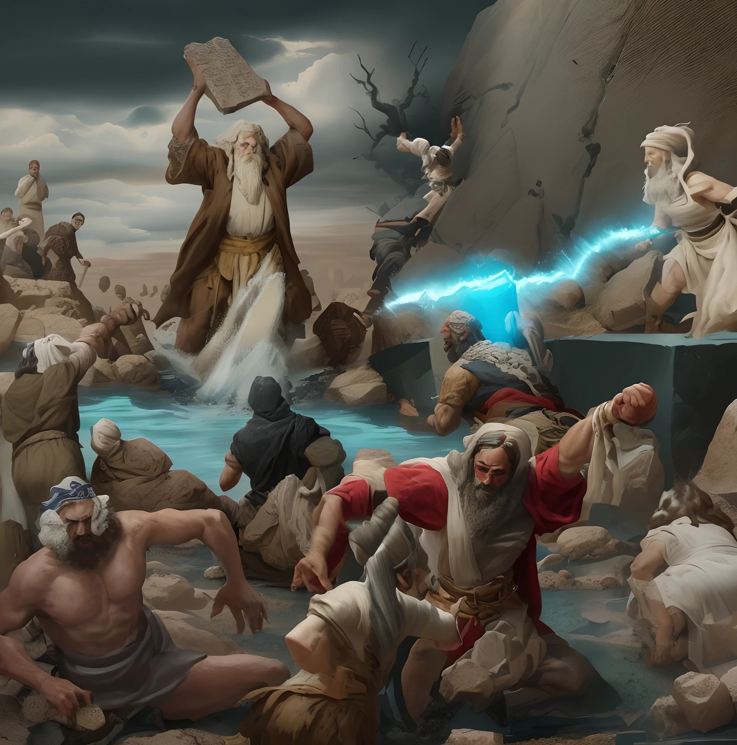 Moses breaking the stones where the 10 commandments were written, throwing the stones to the ground while the Israelites accompanying him are afraid of Moses' fury. Tudo em um estilo Disney, in a mysterious and dramatic environment.