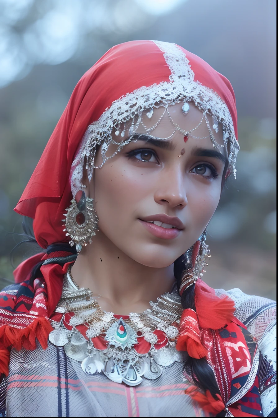 A portrait of a 25 year old himachali women wearing solid colored saree,Veil on the head, simple eyelashe in her eye, faded lipstick on her lips, sweet facial expression, standing middle of a jungle road,background bumble bee flying, moody tone, dreamy , specular lighting,hand with cuplammp, soft light tone in her face, environment is in after sunset, inbackground bumble bee flying , dark tone, girl skin brunatee, silky hair, soft light, portrait photography,world class portrait photography, RAW, realistic face detail,detailed facial features, firminbaes,backgroundblurbokeh , intense gaze,captured by Sony Alpha a7 Illcamera with Sony FE 24-105mm f/4 G OSS lens*