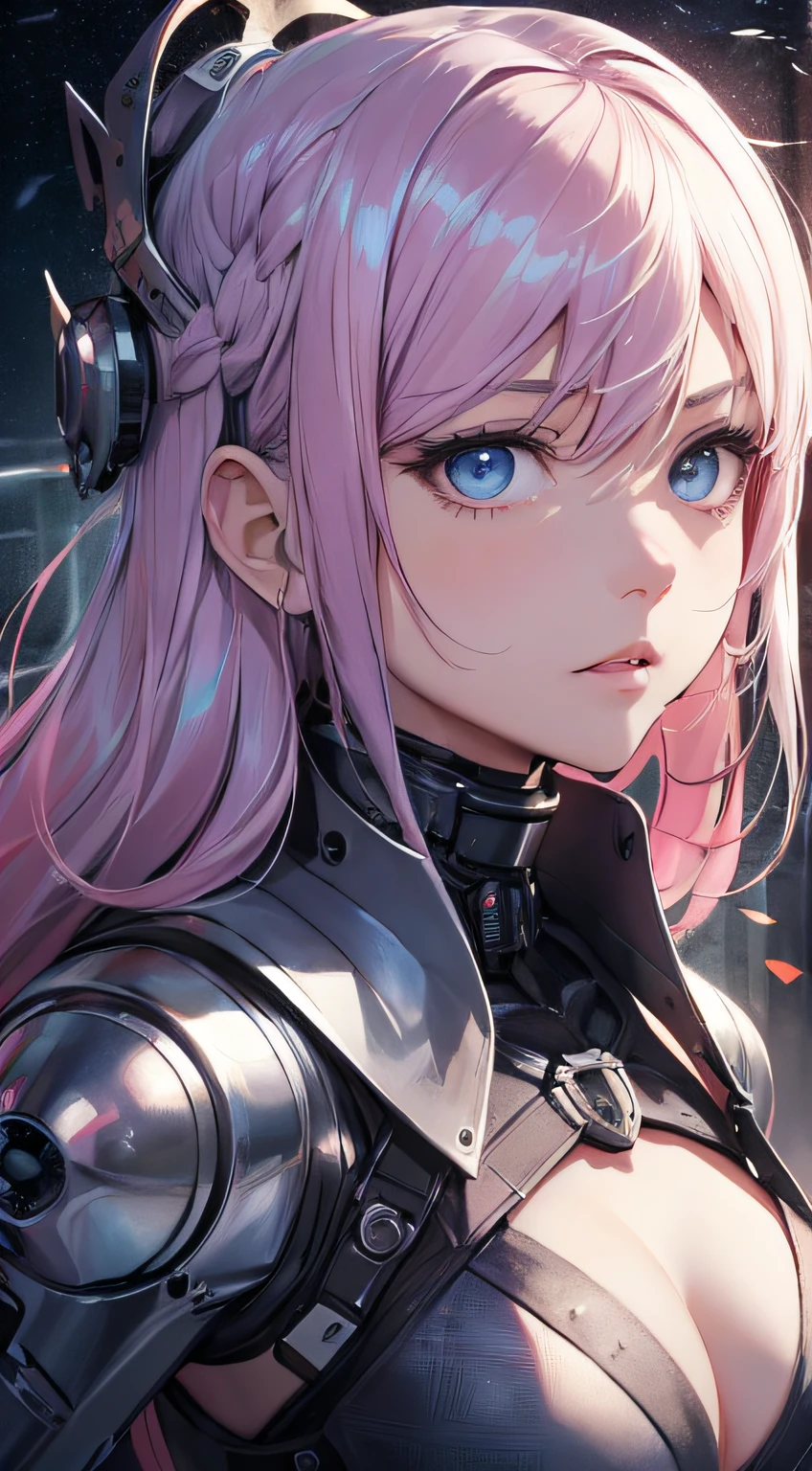 top-quality、Top image quality、​masterpiece、girl with((18year old、cyborgs、System Dynamics、Metallic body、Best Bust、Medium bust、Long pink hair、Light blue eyes、deadpan、Breasts wide open,Wind blows from behind、Dark look、Reflecting the whole body)）hiquality、Beautiful Art、Background with(Broken universe)),masutepiece、Elaborate design、visualart、depth of fields、The best lighting、highestdetailed、low angles