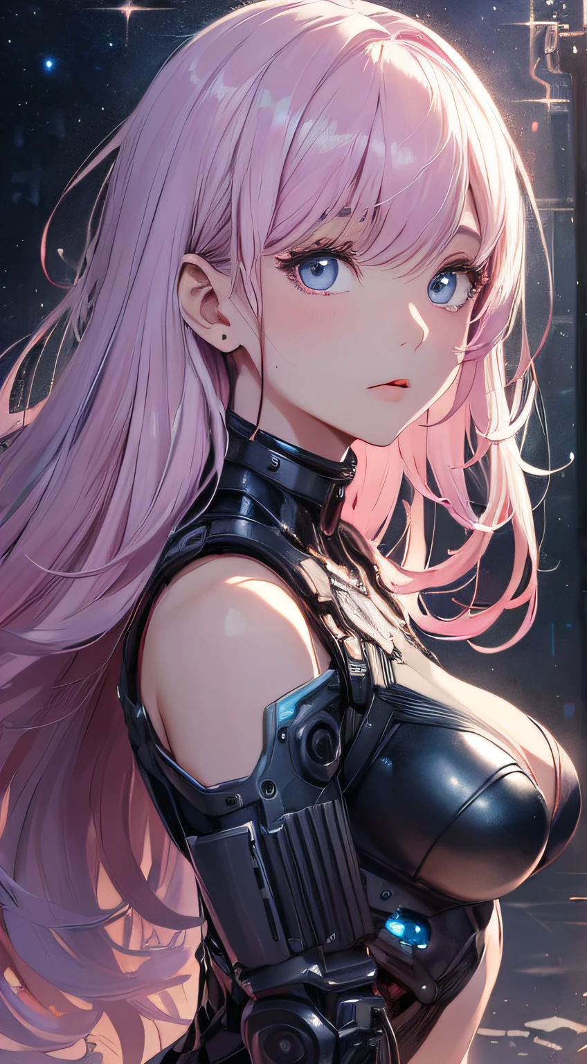 top-quality、Top image quality、masterpiece、girl with((18year old、cyborgs、System Dynamics、Metallic body、Best Bust、Medium bust、Long pink hair、Light blue eyes、deadpan、Breasts wide open,Wind blows from behind、Dark look))hiquality、Beautiful Art、Background with(Distorted universe)),masutepiece、Elaborate design、visualart、depth of fields、The best lighting、highestdetailed、low angles