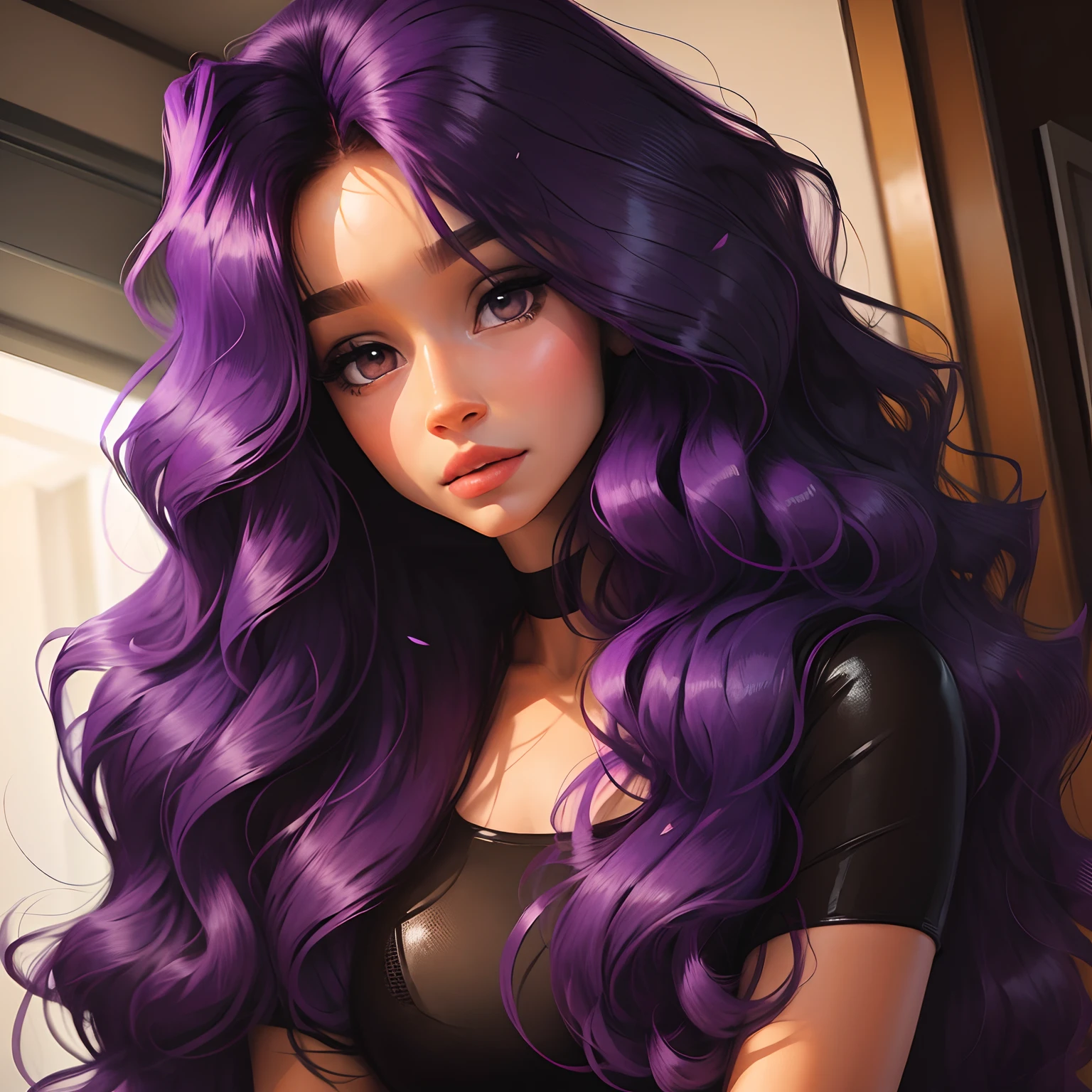 a brunette girl with afro features and long straight purple hair