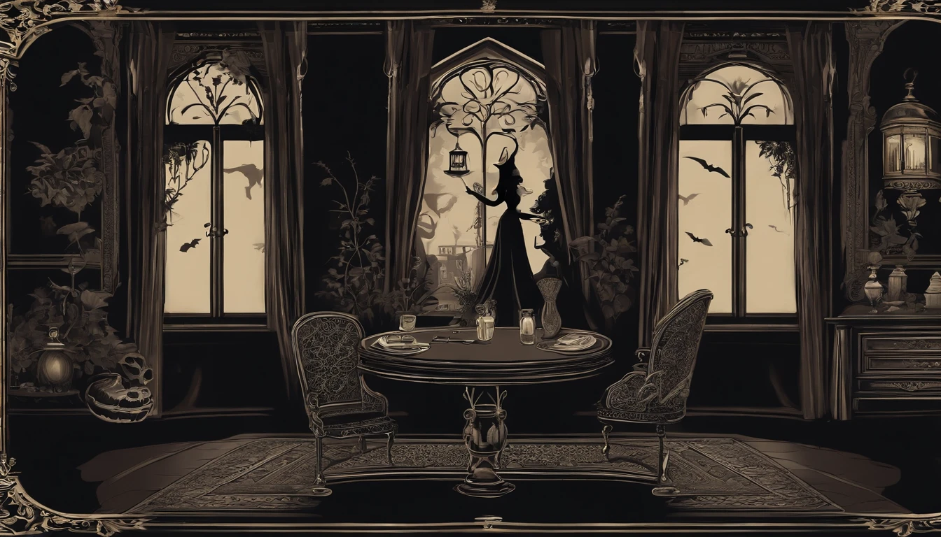 Pintar bruja de Halloween & Ghost Wall Art Design, Dentro de una casa oscura llena de calaveras y un gato negro. Dark Gothic and Vintage style design.