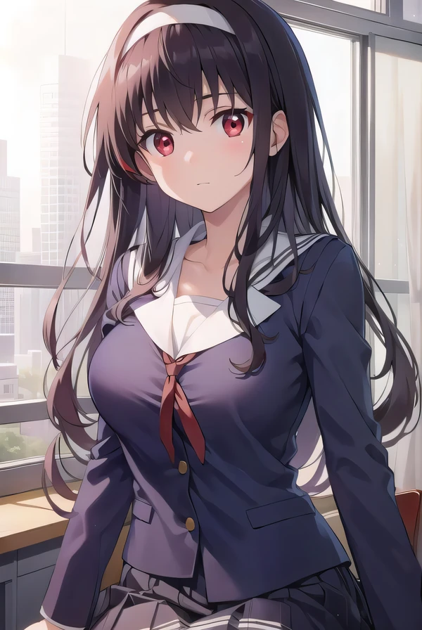 kasumigaokautaha, utaha kasumigaoka, black hair, hairband, long hair, (red eyes:1.5),
BREAK long sleeves, school uniform, skirt, pantyhose,
BREAK looking at viewer,
BREAK indoors, classroom,
BREAK (masterpiece:1.2), best quality, high resolution, unity 8k wallpaper, (illustration:0.8), (beautiful detailed eyes:1.6), extremely detailed face, perfect lighting, extremely detailed CG, (perfect hands, perfect anatomy),