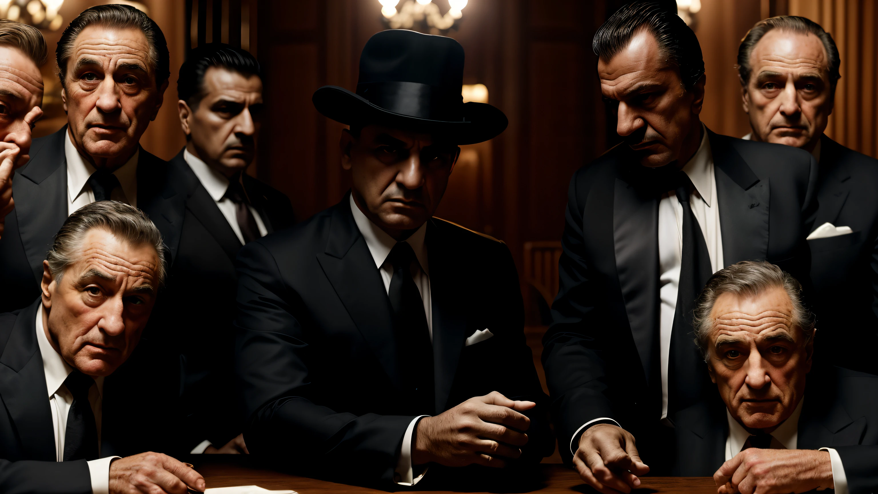 RAW photo, Mafioso, 8K, Mobsters gathered at a table, dark colors, high resolution, mobsters with brave faces