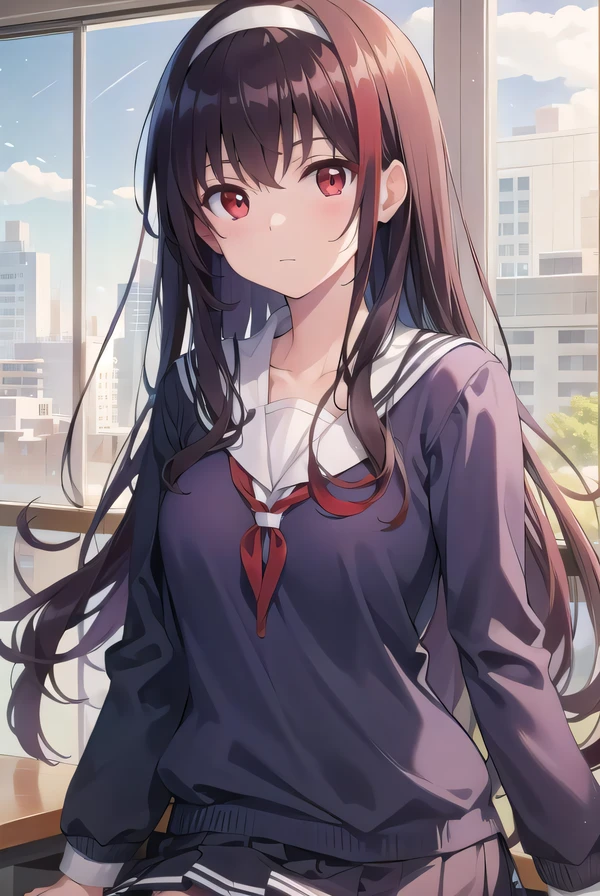 kasumigaokautaha, utaha kasumigaoka, black hair, hairband, long hair, (red eyes:1.5), 
BREAK long sleeves, school uniform, skirt, pantyhose,
BREAK looking at viewer,
BREAK indoors, classroom,
BREAK (masterpiece:1.2), best quality, high resolution, unity 8k wallpaper, (illustration:0.8), (beautiful detailed eyes:1.6), extremely detailed face, perfect lighting, extremely detailed CG, (perfect hands, perfect anatomy),