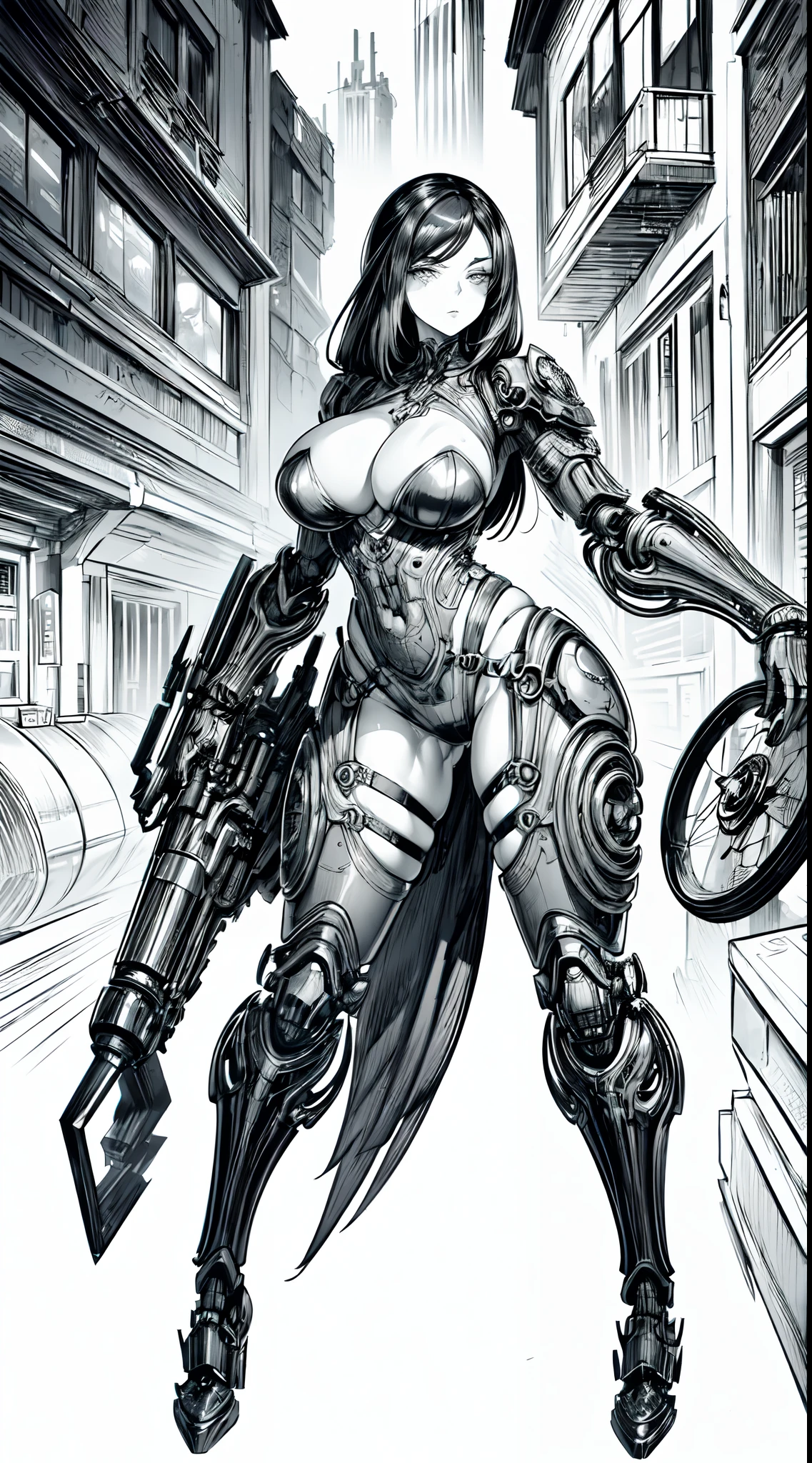 monochrome, greyscale, sexy 1girl biomechanical steampunk cyborg woman,full body, cleavage is visible、(wearing futuristic clothing , intricate and detailed anatomically sculpted biomechanical steampunk body),Elegant and glamorous,cables, Wires and microchips,Skillfully on her female cyborg body, Slender hot fit body with a gorgeous detaild face, expressive big round eyes, images, monochrome, greyscale, in hnsrdlf style