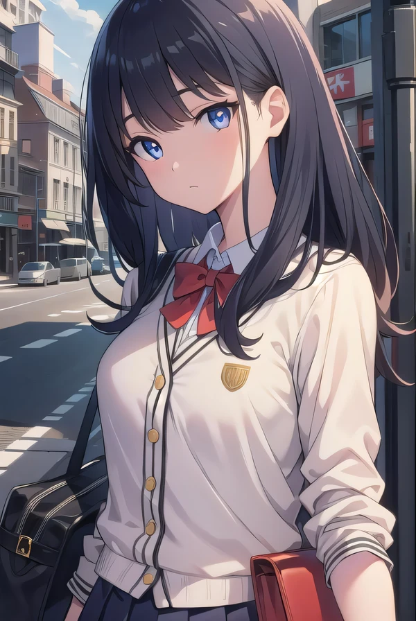 rikkatakarada, rikka takarada, black hair, blue eyes, long hair, orange scrunchie, scrunchie, wrist scrunchie
BREAK black footwear, black skirt, bow, bowtie, buttons, cardigan, collared shirt, long sleeves, microskirt, pleated skirt, red bow, red bowtie, red socks, school uniform, shirt, shoes, skirt, socks, thighs, white cardigan, white shirt,,
BREAK outdoors, city,
BREAK looking at viewer, BREAK (masterpiece:1.2), best quality, high resolution, unity 8k wallpaper, (illustration:0.8), (beautiful detailed eyes:1.6), extremely detailed face, perfect lighting, extremely detailed CG, (perfect hands, perfect anatomy),