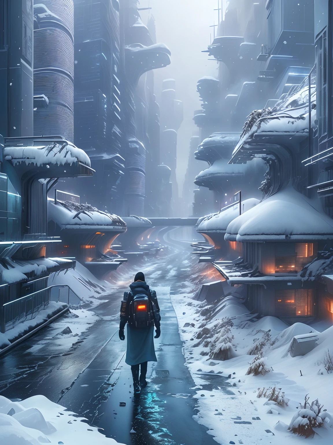 Snowy city,Skyscrapers,People walk on snowy roads, ice city in 2 0 8 0, apocalyptic future city, Photo of futuristic cityscape, futuristic dystopian city, Futuristic city landscape, futuristic urban background, Futuristic city background, Futuristic city landscape, dystopian scifi apocalypse, futuristic urban background, dystopian city, Dystopian digital concept art