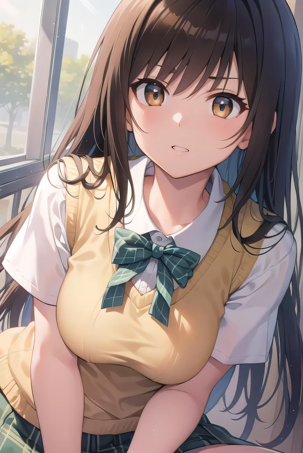 kotegawayui, yui kotegawa, black hair, (brown eyes:1.5), long hair,
BREAK green skirt, plaid, plaid skirt, sainan high school uniform, school uniform, skirt, sweater vest, (yellow sweater:1.3), short sleeves,
BREAK looking at viewer,
BREAK indoors, classroom,
BREAK (masterpiece:1.2), best quality, high resolution, unity 8k wallpaper, (illustration:0.8), (beautiful detailed eyes:1.6), extremely detailed face, perfect lighting, extremely detailed CG, (perfect hands, perfect anatomy),