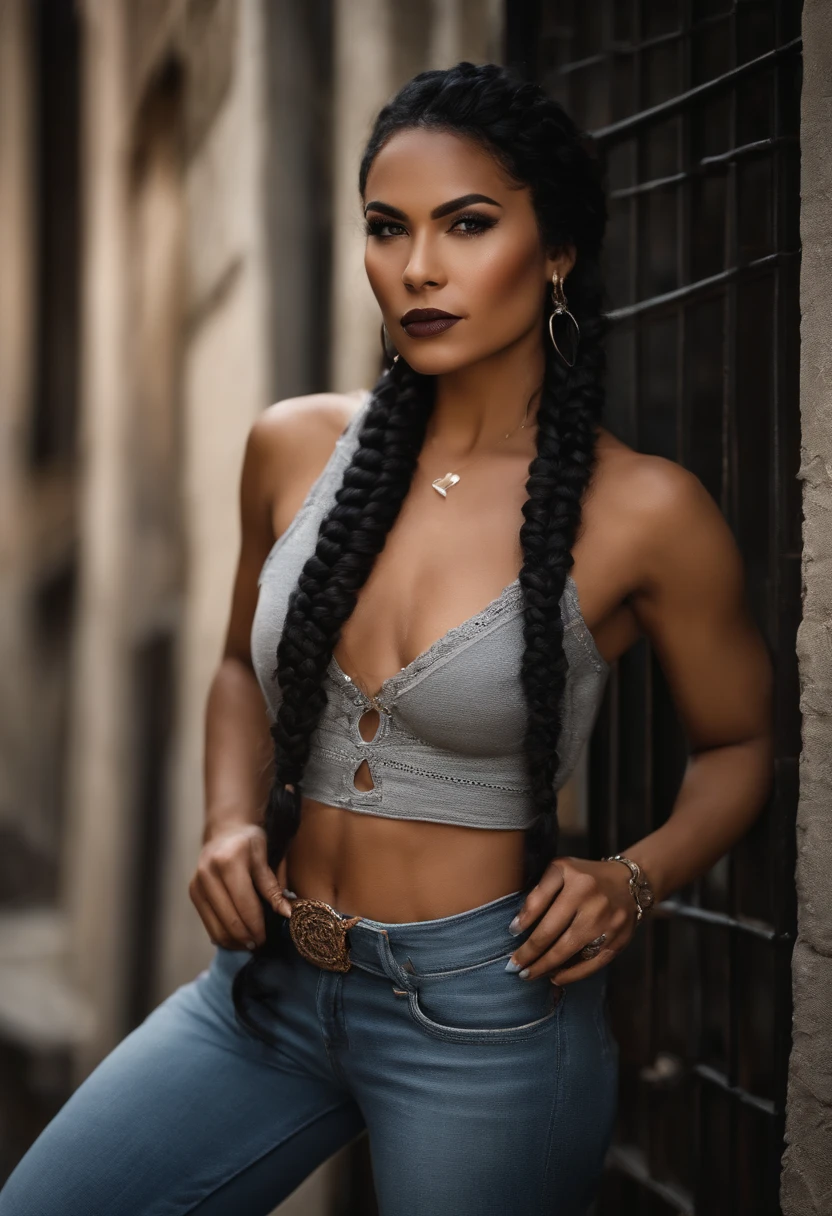 A beautiful half ebony, half Irish, half Samoan, and half Filipino woman, a vampire, has a Chicano style about her, has a great physique, soft demeanor, mature, and wields a weapon. Has braids, glasses, and blue eyes. Coffee and cream colored skin. Is wearing something nice and tight to show off how curvaceous she is, and is also in an alleyway.