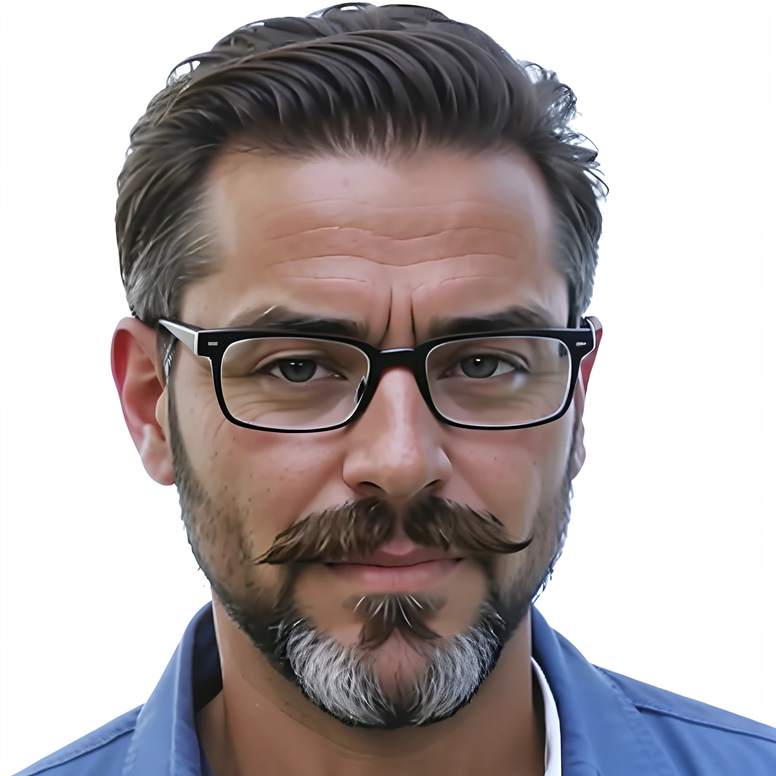 photo of a 45 year old man, wearing glasses, has a beard, shaven head, manly, background in a workshop, working-class person, wearing a long-sleeve Carhartt worker shirt, ultra quality