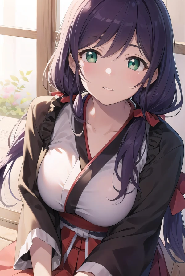 nozomitoujou, nozomi toujou, (green eyes:1.5), purple hair, twintails, low twintails, scrunchie, long hair, (large breast:1.2),
BREAK hakama, hakama skirt, japanese clothes, miko, red hakama, long sleeves,
BREAK looking at viewer,
BREAK outdoors, shrine,
BREAK (masterpiece:1.2), best quality, high resolution, unity 8k wallpaper, (illustration:0.8), (beautiful detailed eyes:1.6), extremely detailed face, perfect lighting, extremely detailed CG, (perfect hands, perfect anatomy),
