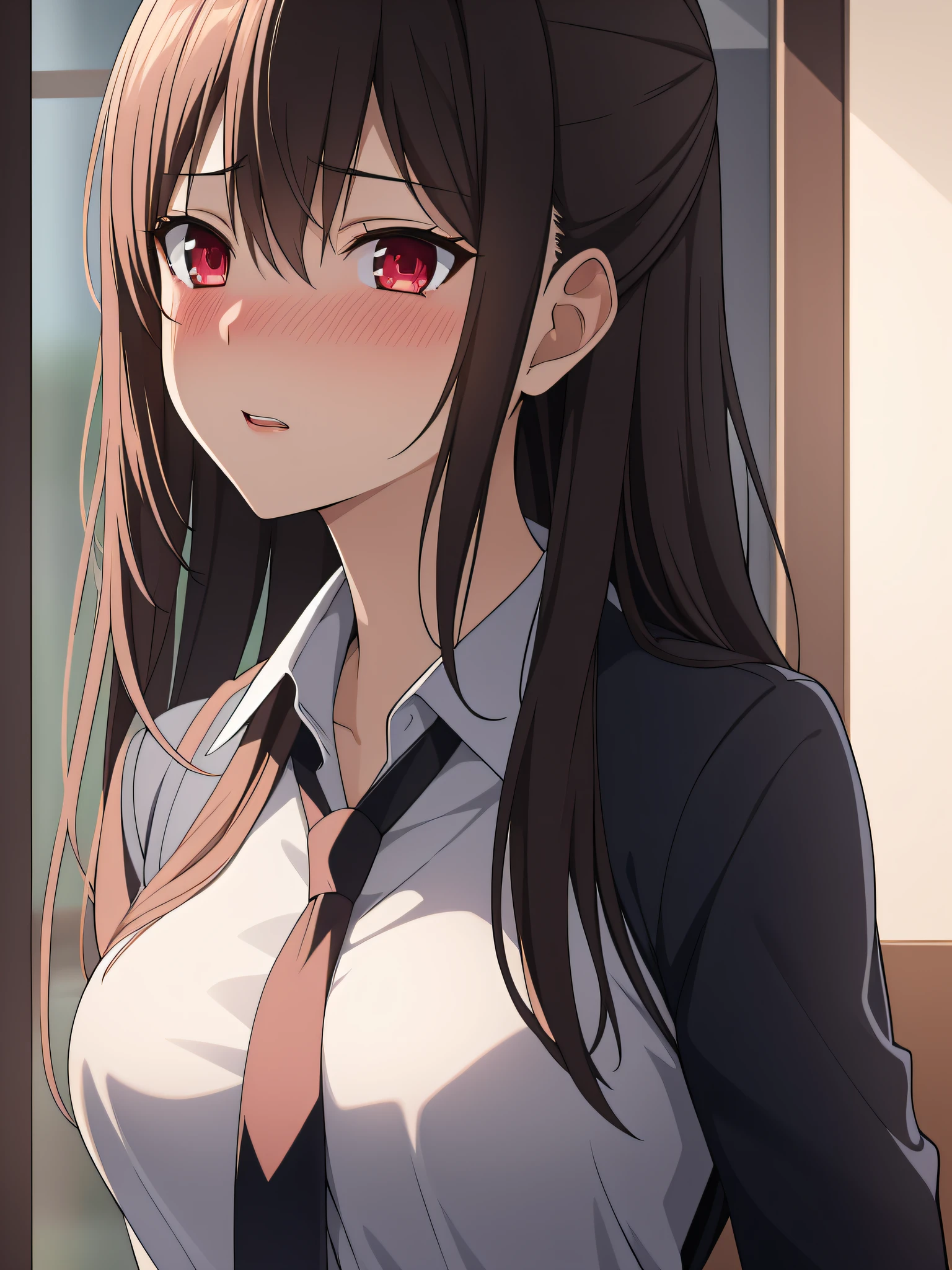 looking up、looking back,Upper Body, Realistic, real person, (pale skin: 1.2), RAW photo, photorealistic, shiny skin, shiny hair、 (A 35-year-old woman with medium-length hair and bangs) and (wavy hair) and (brown hair) and (Orange Eyes) , (Wearing a business suit:1.5) and (Wearing a white collared shirt),(blush, embarrassed:1.5), open mouth, curtain,window、Alone、Closing the curtains,Wearing a black jacket