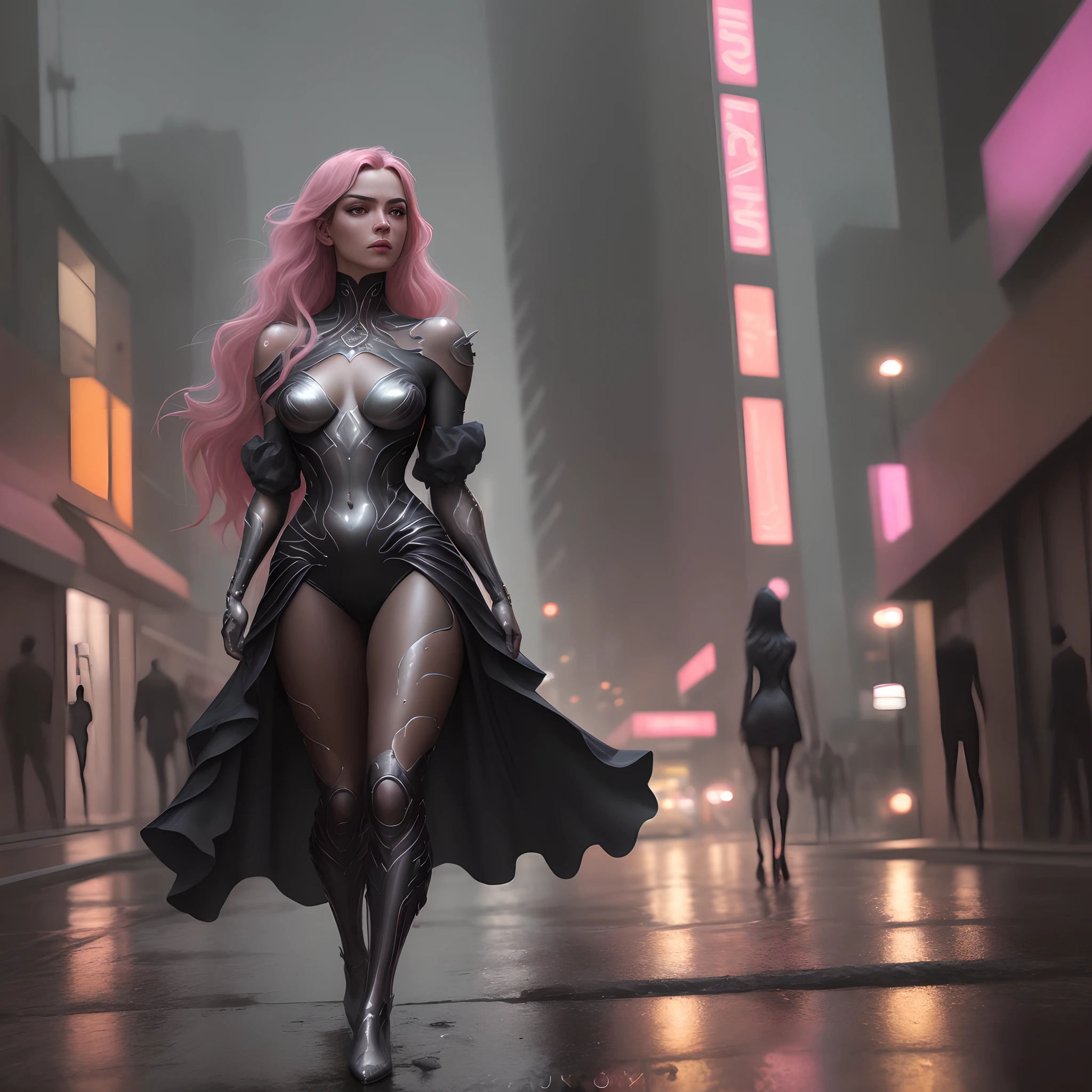 Imagine uma cena deslumbrante de uma mulher envolta em um look cor-de-rosa, Walking gracefully down a wet street at night. A chuva cria reflexos brilhantes no asfalto, adding a touch of magic to the scene. Essa imagem, inspirada pelo estilo de pintura de James Gurney, It's a true work of art with incredibly realistic details, thanks to the 8K resolution provided by Ross Tran. The artistic direction, conduzida por Pablo Munoz Gomez, Adds a unique and engaging touch, semelhante ao estilo marcante de Ross tran, a mulher em seu look cor-de-rosa se destaca na paisagem urbana, evoking a sense of futurism and beauty. This composition also incorporates elements from renowned artists such as Artgerm, Julie Bell e Beeple, providing a touch of additional inspiration and sophistication to the image. Ultra-realistic details and high 8K resolution,