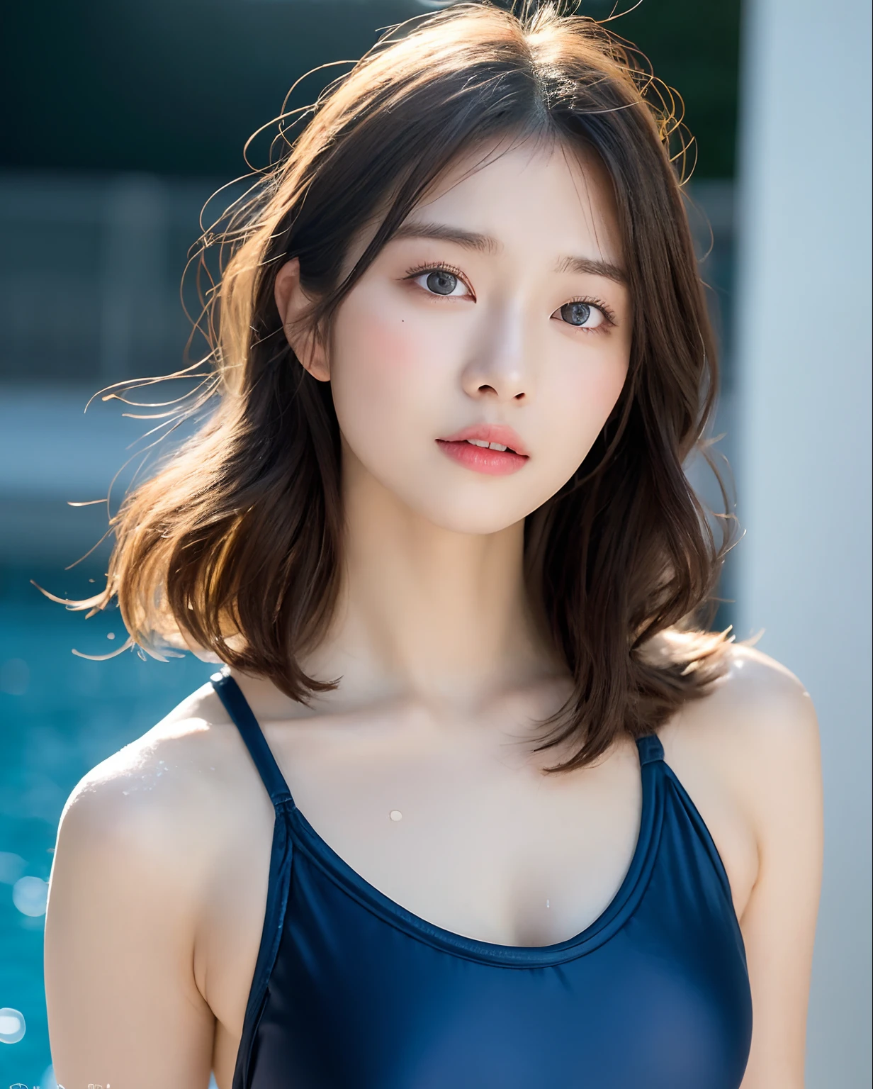 ulzzang -6500-v1.1, (Raw photo:1.2), (Photorealsitic), a beautiful detailed girl, extremely detailed eye and face, beatiful detailed eyes, huge filesize, hight resolution, ighly detailed, top-quality, [​masterpiece:1.6], illustratio, ighly detailed, nffsw, finely detail, top-quality, 8k wallpaper, Cinematographic lighting, 1girl in, (age19:1.6), perfect body type, Big breasts with tension、【Colossal tits、heavy breasts、F-cup:1.9】、Cute drooping eyes、Beautiful big eyes、Sweaty and wet、【sexual excitement:1.6】、(the whole body is wet:1.2)、Light in the eyes、(Satin swimwear:1.6,Japan School Swimwear、Navy blue one-piece swimsuit、Student swimsuit in navy blue Japan:1.3)、(swimming pools:1.2)、(dynamicposes:1.2)、(shorth hair:1.3、Brown hair)