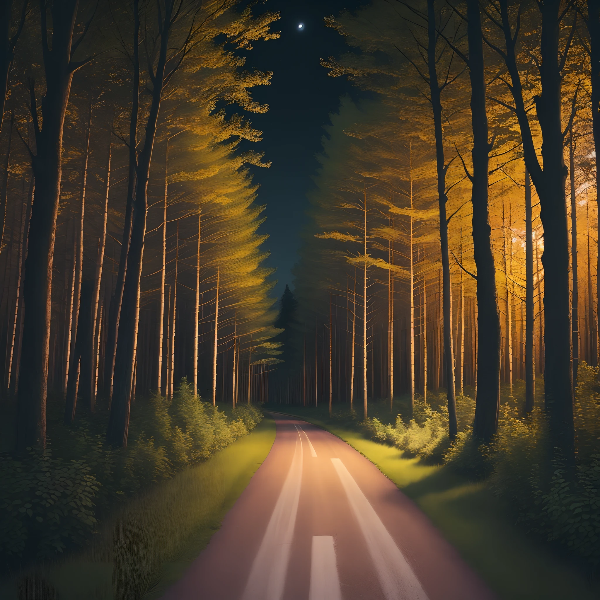 A road in the woods nighttime creepy