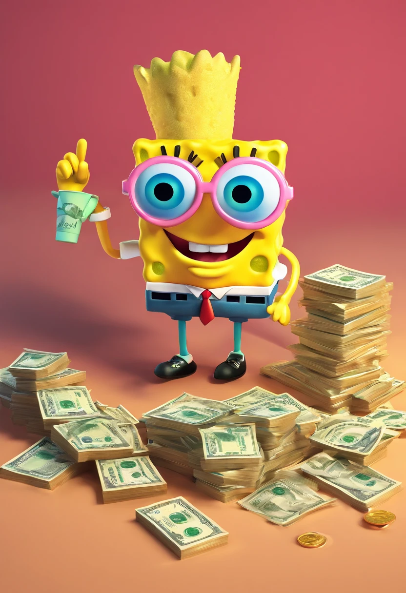 super high resolution, best quality, masterpiece, spongebob squarepants wearing jordans and gucci shirt holding a band of money, smoking a blunt with nickichLol