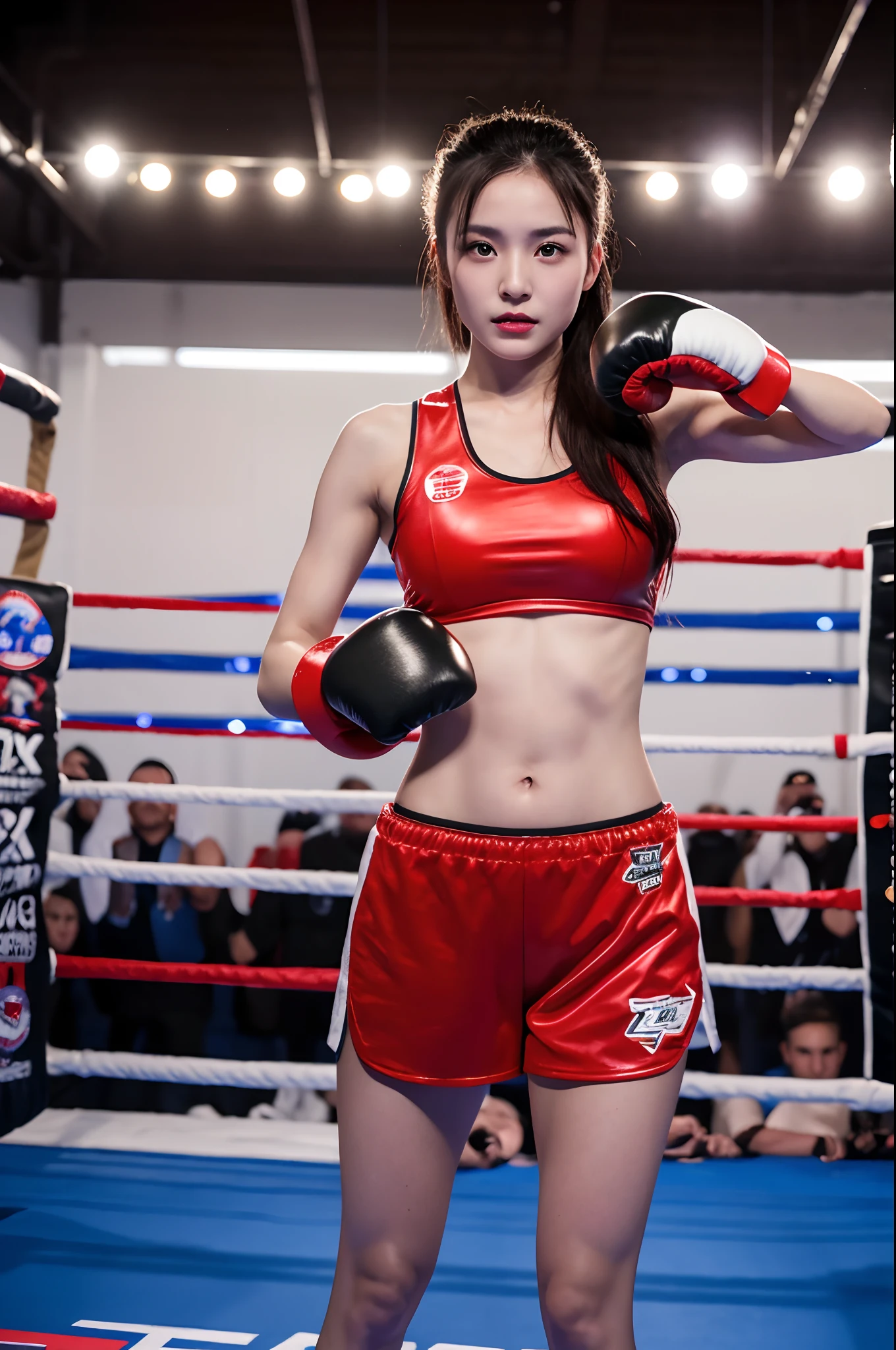 onoff,side-by-side photo,split screen,boxing, smile, raw photo, one girl, brown-haired ponytail, beautiful Japan woman, 22 years old, attractive female body, light muscles, dynamism, match venue, constricted waist, 4k, HDR, realistic photo, realistic texture, tight skin, (realistic, photoreal: 1.4), meckles, photo, raw photo, masterpiece, highly detailed photo, dslr, Boxing, wearing gloves, sweating matches, fighting in the ring, lower breasts visible, being realistic, sweating,visible shadow of erect nipples,((Slender Body:1.1)),