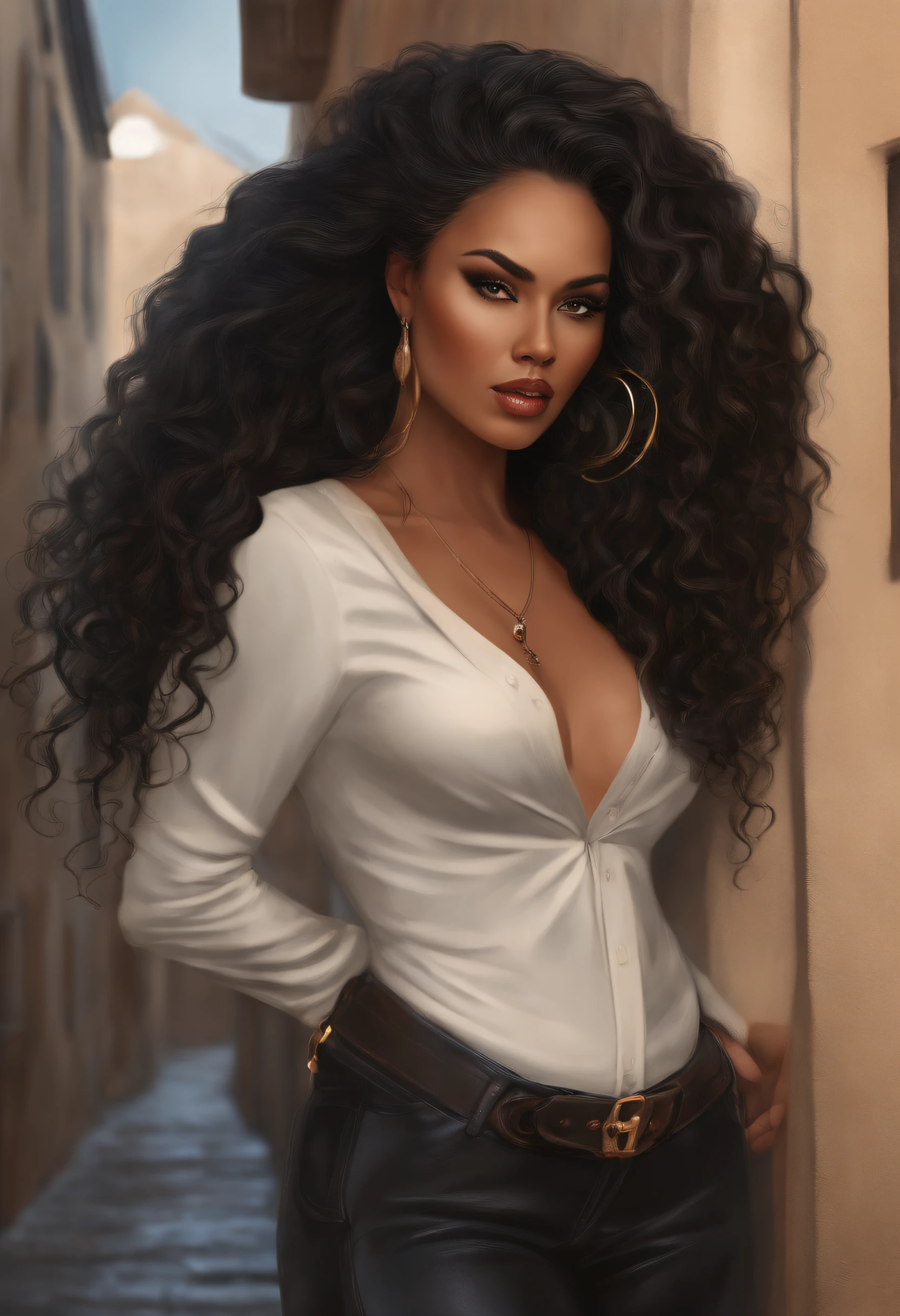 A beautiful half ebony, half Irish, half Samoan, and half Filipino woman, a vampire, has a Chicano style about her, has a great physique, soft demeanor, mature, and wields a weapon. Has braids, glasses, and blue eyes. Coffee and cream colored skin. Is wearing something nice and tight to show off how curvaceous she is, and is also in an alleyway.