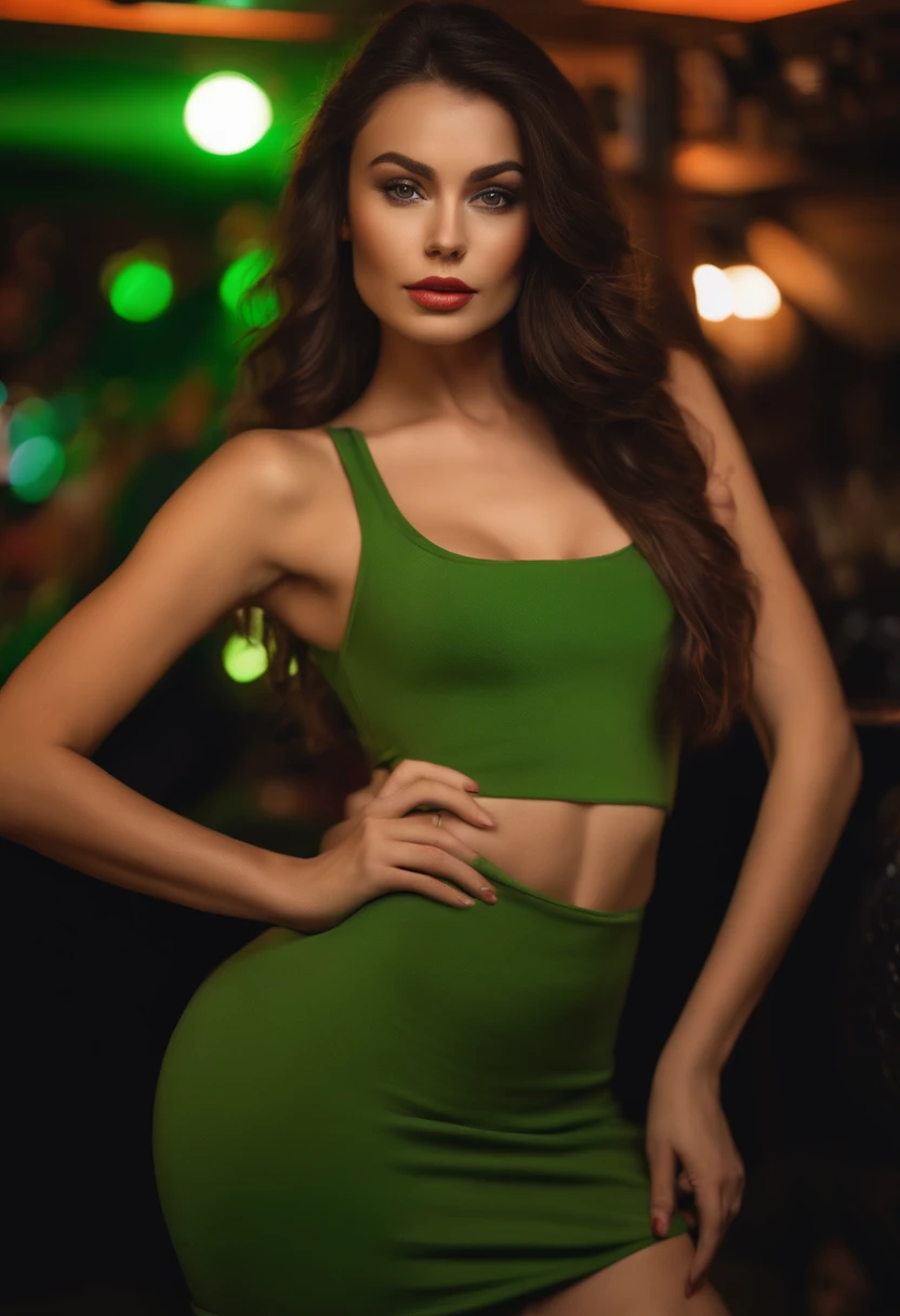 (masterpiece, best quality:1.5), highest quality, High resolution, super detailed, Realists, Upper body photo of a brunette 22-year-old woman, detailed and beautiful eyes, beautiful detailed lips, very detailed eyes and face, longeyelashes, 22-year-old woman in a top made of shiny green satin fabric and black leggings, Beautiful and colorful makeup, elegant and noble々Pose,shiny satin headband,, Office as background, bright daylight, bright colors, fine brushstrokes, Portrait style, beautiful color palette, glowing skin, First-class rendering, that captures every detail, enchanting atmosphere, (perfect anatomy:1.2), (The stunning woman is wearing a green satin halter top and black leggings. (magnificent panorama view:1.2)