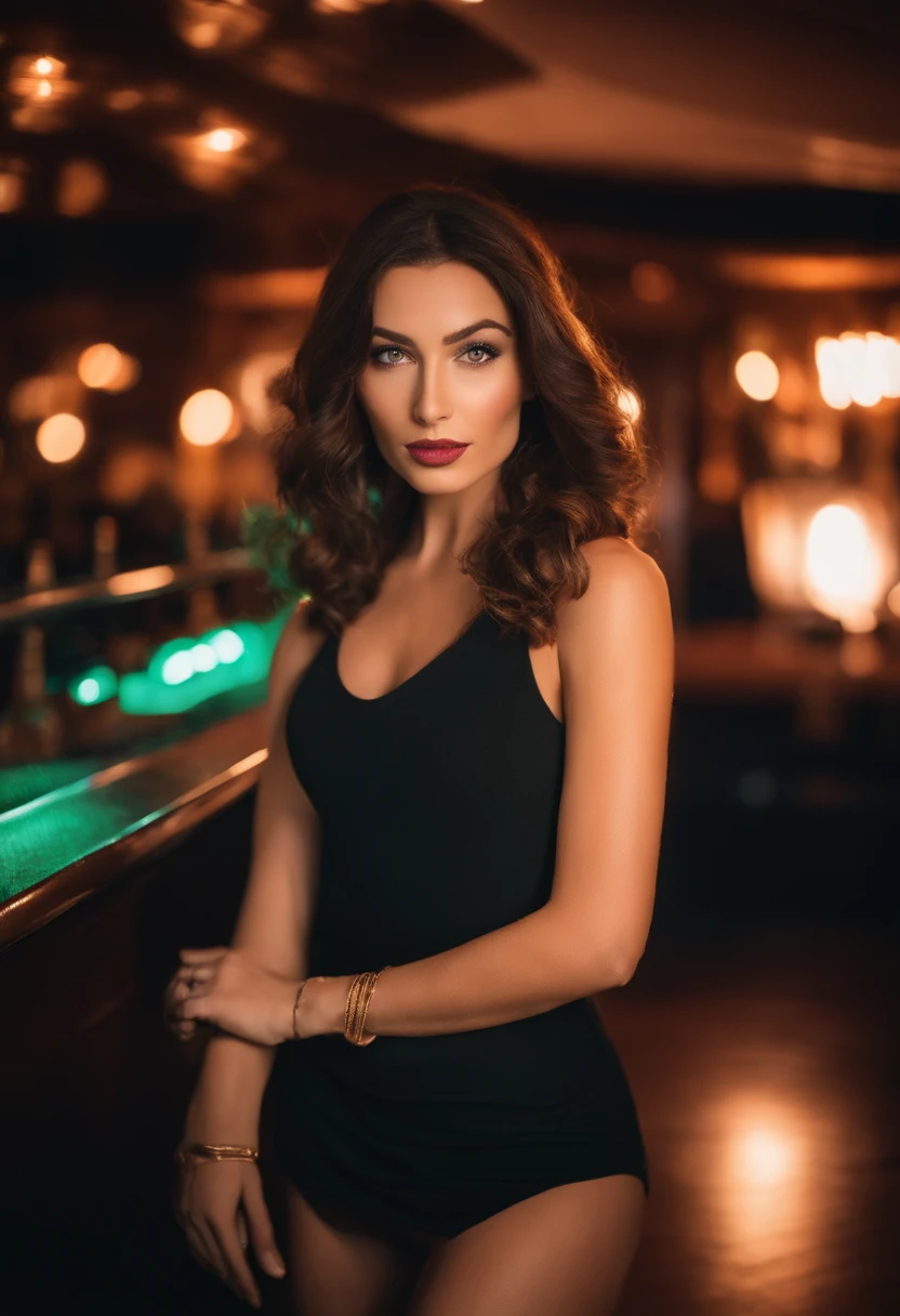 Brunette woman with matching tank top and skirt posing in a nightclub, femme sexy aux yeux vert, Portrait Sophie Mudd, background blur, Best quality, 1 femme, Portrait de Corinna Kopf, cheveux bruns et grands yeux, maquillage naturel, Look directly into the camera, Visage avec Artgram, dezentes Maquillage, Superbe photo du corps entier, dans la chambre, gros seins, Latin