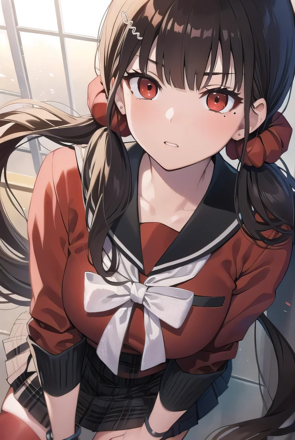 makiharukawa, harukawa maki, long hair, bangs, brown hair, black hair, hair ornament, (red eyes:1.5), twintails, very long hair, hairclip, blunt bangs, mole under eye, low twintails, scrunchie, hair scrunchie, red scrunchie, (small breast:1.2), BREAK skirt, shirt, thighhighs, long sleeves, bow, school uniform, pleated skirt, serafuku, miniskirt, black skirt, sailor collar, mole, bracelet, zettai ryouiki, plaid, plaid skirt, red shirt, black sailor collar, red thighhighs, BREAK looking at viewer, BREAK outside, beach, BREAK (masterpiece:1.2), best quality, high resolution, unity 8k wallpaper, (illustration:0.8), (beautiful detailed eyes:1.6), extremely detailed face, perfect lighting, extremely detailed CG, (perfect hands, perfect anatomy),