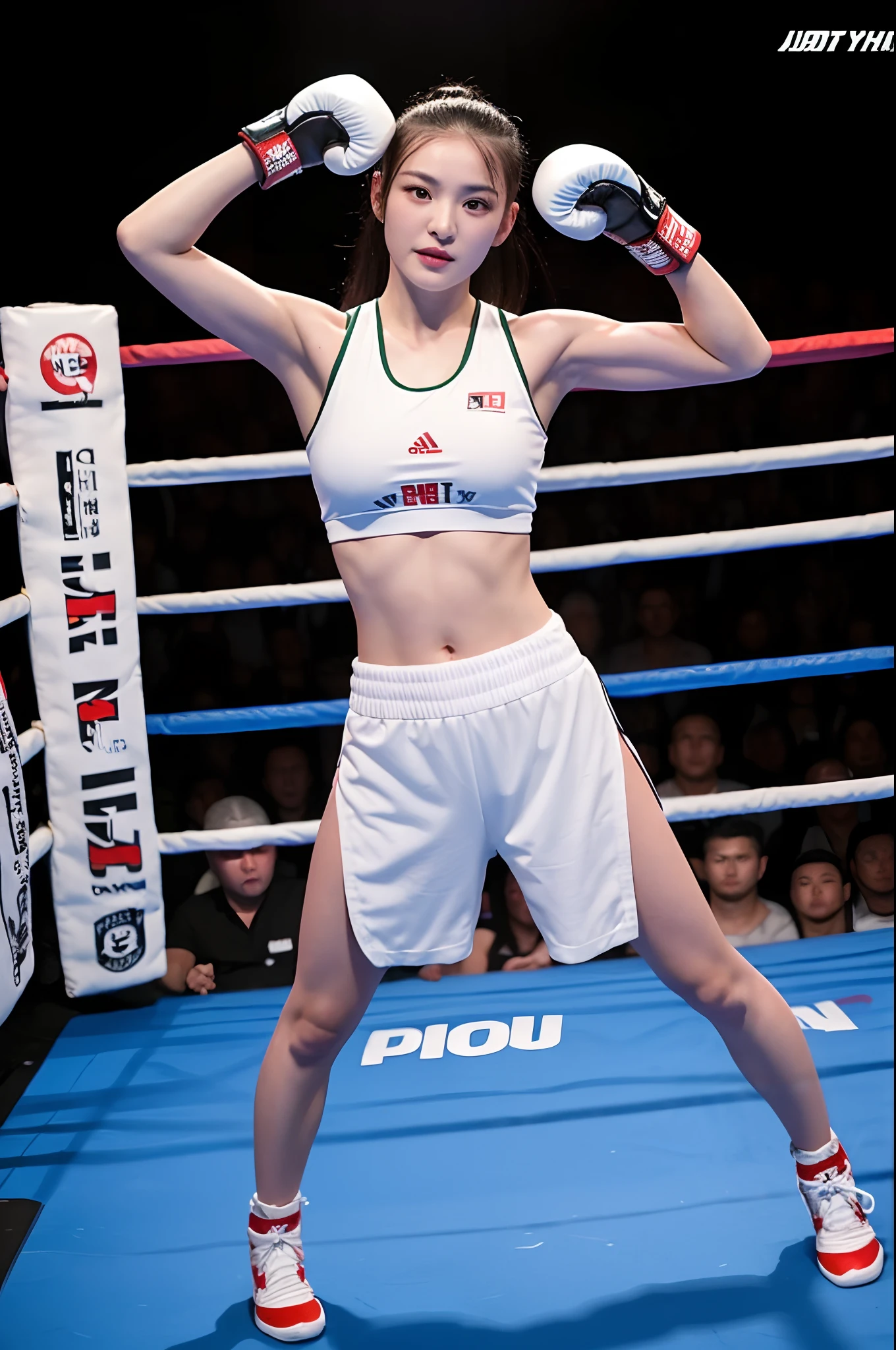 arafed woman in a boxing ring with a white glove, posing ready for a fight, in a boxing ring, she is ready to fight, posing for a fight, fighter pose, in a fighting pose, boxing, fight pose, boxing match, chengyou liu, wenfei ye, gorgeous young korean woman, korean girl, in a fighting stance