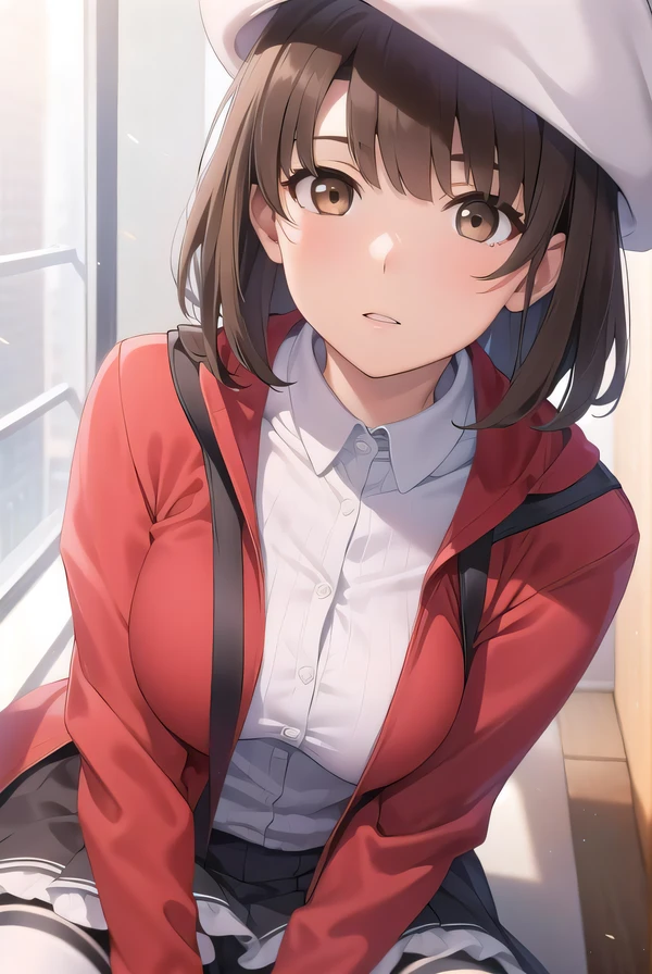 katoumegumi, megumi katou, brown hair, short hair, (brown eyes:1.7),
BREAK hat, jacket, long sleeves, thighhighs, white headwear, white thighhighs, dress, white dress, (red jacket:1.5), (white hat:1.5), open cardigan, open clothes,
BREAK looking at viewer,
BREAK indoors, classroom,
BREAK (masterpiece:1.2), best quality, high resolution, unity 8k wallpaper, (illustration:0.8), (beautiful detailed eyes:1.6), extremely detailed face, perfect lighting, extremely detailed CG, (perfect hands, perfect anatomy),