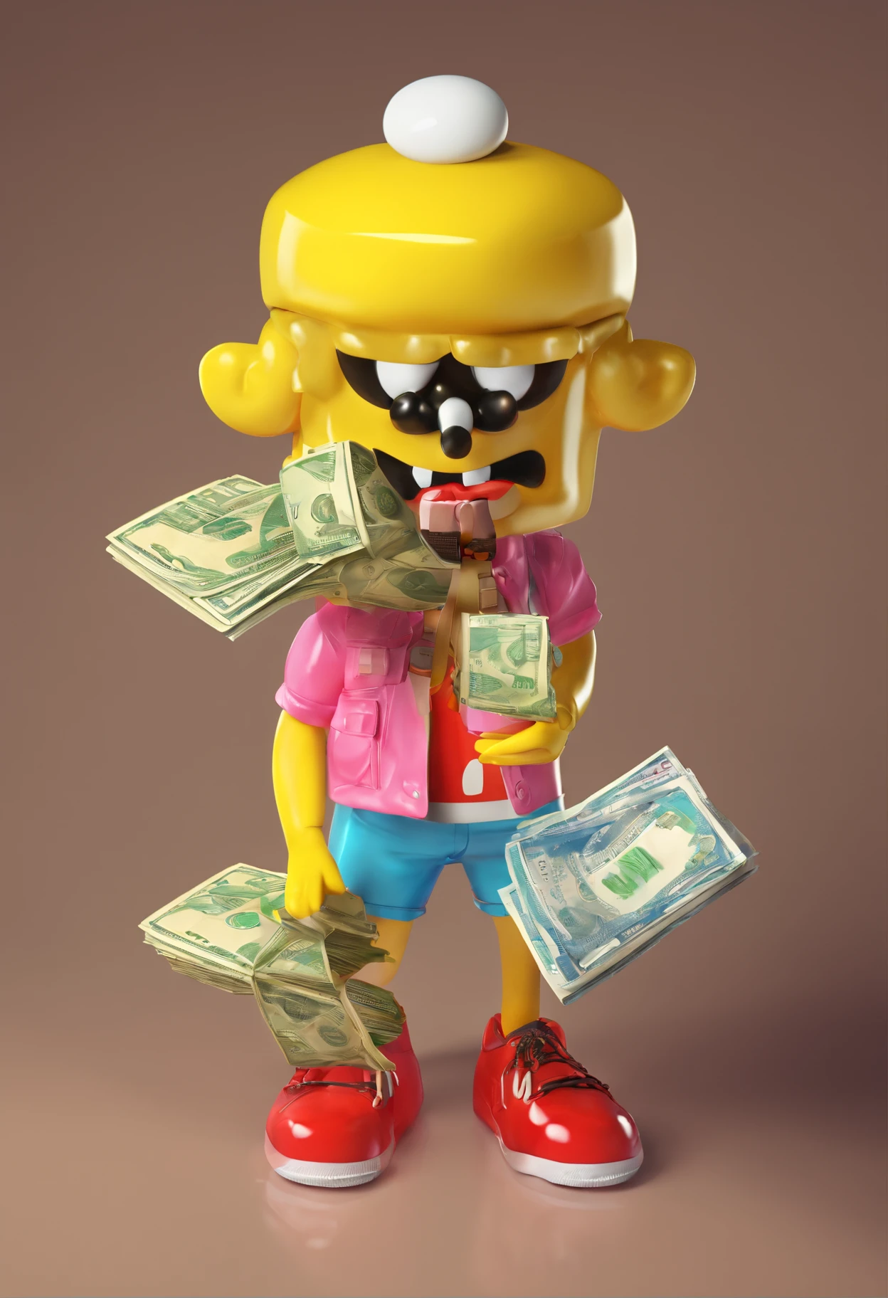 super high resolution, best quality, masterpiece, spongebob squarepants wearing jordans and gucci shirt holding a band of money, smoking a blunt with nickichLol