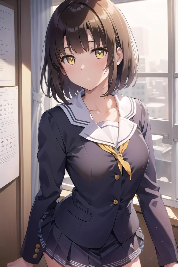 katoumegumi, megumi katou, brown hair, short hair, (yellow eyes:1.5), (small breast:1.2),
BREAK miniskirt, school uniform, skirt, sailor uniform, serafuku,
BREAK looking at viewer,
BREAK indoors, classroom,
BREAK (masterpiece:1.2), best quality, high resolution, unity 8k wallpaper, (illustration:0.8), (beautiful detailed eyes:1.6), extremely detailed face, perfect lighting, extremely detailed CG, (perfect hands, perfect anatomy),
