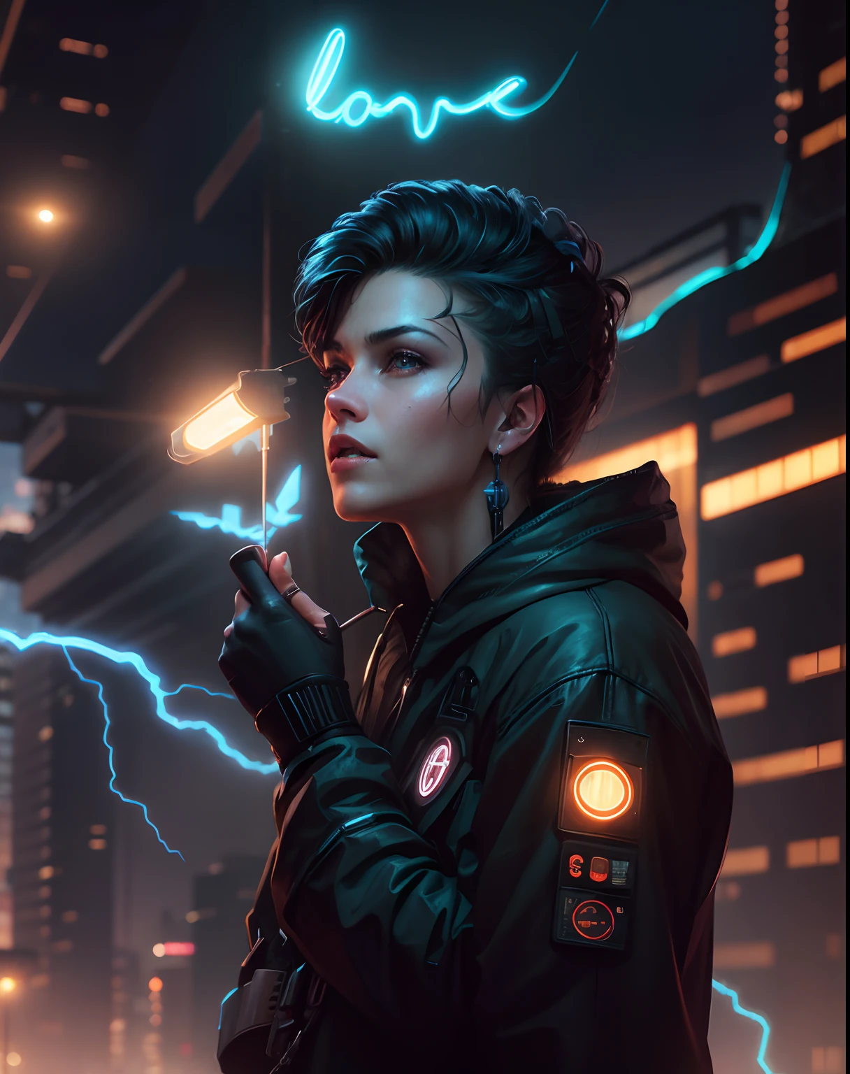 Lighting city ,cyberpunk, hendsome, realistic face, love,men