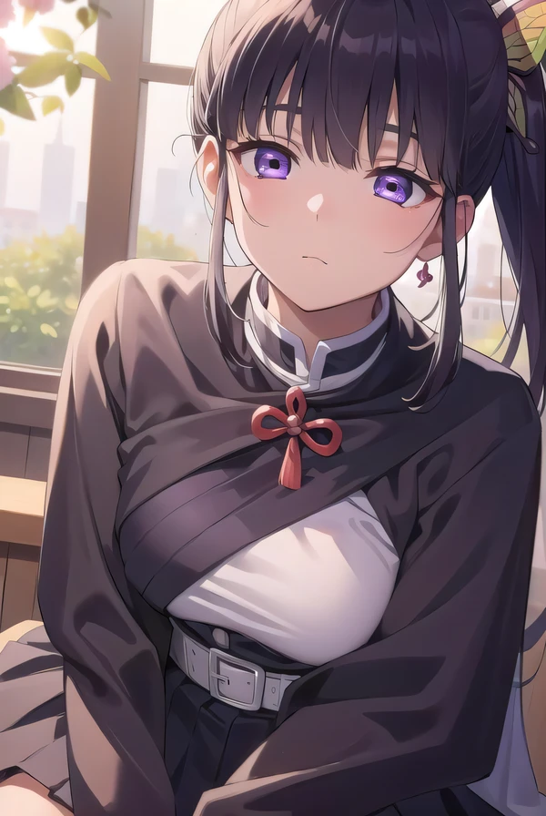 kanaotsuyuri, kanao tsuyuri, black hair, butterfly, butterfly hair ornament, (purple eyes:1.1), side ponytail, ponytail,
BREAK black skirt, cape, demon slayer uniform, long sleeves, pleated skirt, skirt, white cape,
BREAK looking at viewer,
BREAK indoors, classroom,
BREAK (masterpiece:1.2), best quality, high resolution, unity 8k wallpaper, (illustration:0.8), (beautiful detailed eyes:1.6), extremely detailed face, perfect lighting, extremely detailed CG, (perfect hands, perfect anatomy),