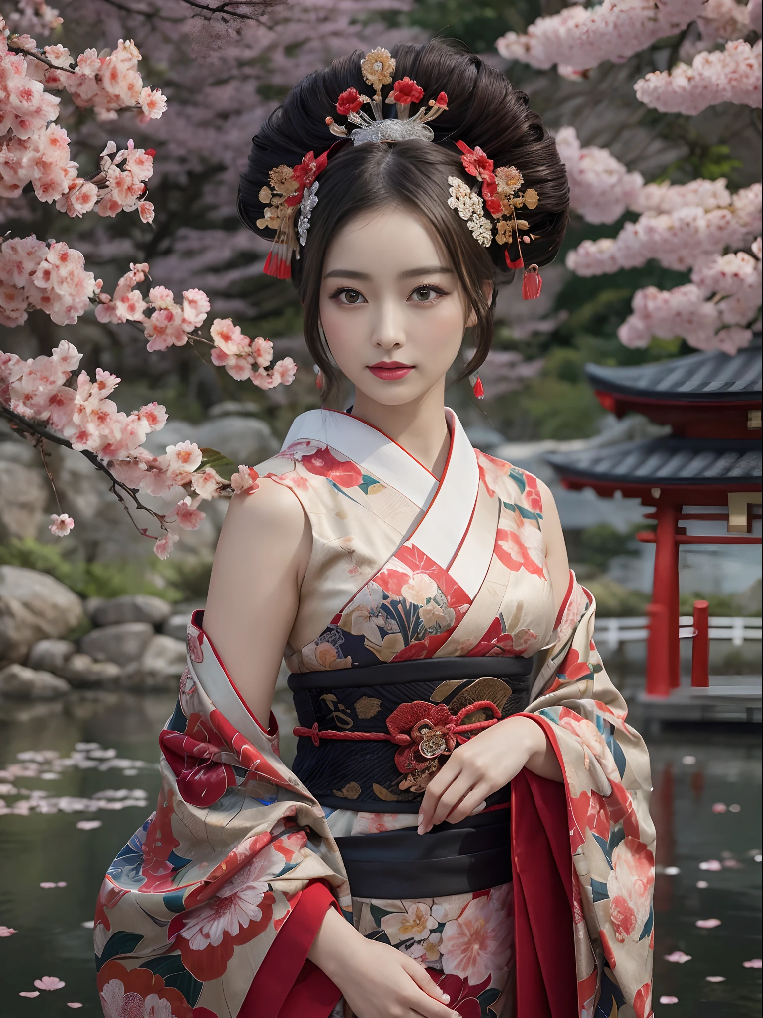 In a futuristic scene, Geisha in Japan with mechanical reinforcement、Elegant in elaborate gardens. She has beautifully detailed eyes and lips that complement her face. Geishas wear traditional kimonos with intricate patterns and designs. Around her are bright cherry trees and a quiet carp pond. The scene is painted with a blend of illustration and photorealism, Ultra-detailed brush strokes and clarity, Vivid colors. Lighting emphasizes the elegant features of the geisha, Gives her porcelain skin a soft glow. Artwork is of the highest quality, 4K or 8K resolution, Showcase the intricate details of geisha attire, cherry trees, And the shimmering scales of carp. The overall color scheme is、It is a combination of traditional shades of Japan, Crimson, etc., blacks, and subtle gold accents, With a futuristic twist. The fusion of ancient traditions and modern technology is、Create captivating and visually striking masterpieces.shoulders are exposed, Chest is visible、You can see the valley、are visible、Shoulders exposed、Chest revealed、(shoulders are exposed), Chest is visible、You can see the valley、are visible、Shoulders exposed、Chest revealed、(Off-shoulder style)