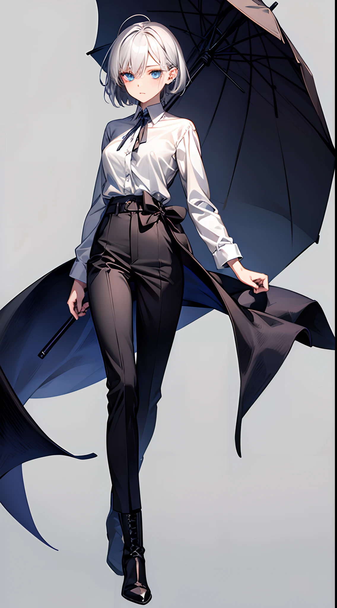 [[[1人]]], Face Focus, [[[[[[[femele]]]]]]], frontage,[[[Standing picture]]],frontage,top-quality, adopt, A detailed face, simple background、[[[white backgrounid]]]、She stands confidently in the center、I have a determined look on my face。[[white background]], [simple background],masterpiece, a girl,[[barista]]、,Y-shirt on black background, Black background is skinny, trouser,buttoning, Black clothes,extremely delicate and beautiful girl, anime screen cap, well-muscled,20 years old, Short hair,[[Wolfhair]]、 If the bangs are the hair between the eyes, black and silver hair, Two-tone hair, beautiful detailed hair, Beautiful face, deadpan, Clear eyes, Mouth closed、Blue eyes, de pele branca, Beautiful accessories, Piercing,boots,Makes you feel danger and strength,Fashionable, femele, with a vibrant, outfits,the front,