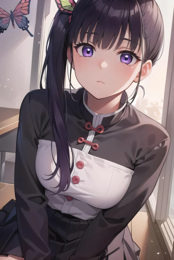 kanaotsuyuri, kanao tsuyuri, black hair, butterfly, butterfly hair ornament, (purple eyes:1.1), side ponytail, ponytail,
BREAK black skirt, cape, demon slayer uniform, long sleeves, pleated skirt, skirt, white cape,
BREAK looking at viewer,
BREAK indoors, classroom,
BREAK (masterpiece:1.2), best quality, high resolution, unity 8k wallpaper, (illustration:0.8), (beautiful detailed eyes:1.6), extremely detailed face, perfect lighting, extremely detailed CG, (perfect hands, perfect anatomy),