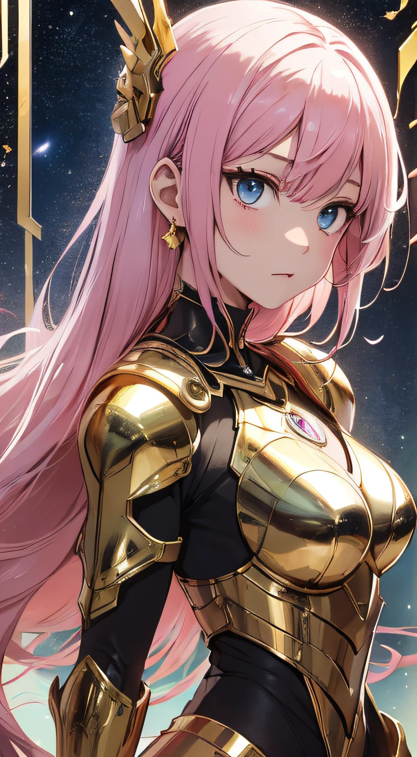 top-quality、Top image quality、masterpiece、girl with((18year old、cyborgs、Cyborg Arm、Best Bust、Medium bust、Long pink hair、Light blue eyes、deadpan、Breasts wide open,Wind blows from behind、Reflecting the whole body、Gold armor、Red Laser Sword))hiquality、Beautiful Art、Background with(Broken universe)),masutepiece、Elaborate design、visualart、depth of fields、The best lighting、highestdetailed、low angles