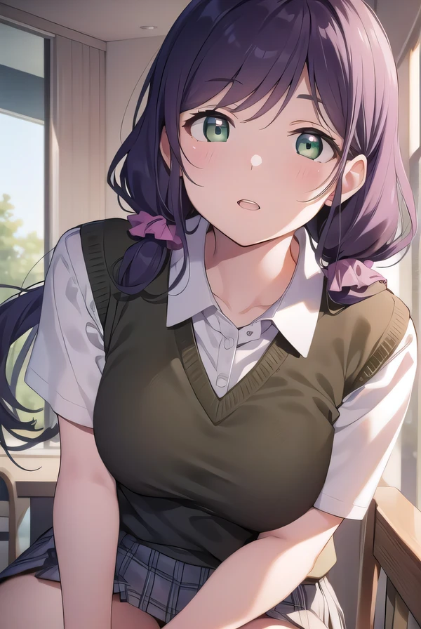 nozomitoujou, nozomi toujou, (green eyes:1.5), purple hair, twintails, low twintails, scrunchie, long hair, (large breast:1.2),
BREAK otonokizaka school uniform, pleated skirt, school uniform, short sleeves, skirt, summer uniform, sweater vest, yellow sweater vest,
BREAK looking at viewer,
BREAK indoors, classroom,
BREAK (masterpiece:1.2), best quality, high resolution, unity 8k wallpaper, (illustration:0.8), (beautiful detailed eyes:1.6), extremely detailed face, perfect lighting, extremely detailed CG, (perfect hands, perfect anatomy),
