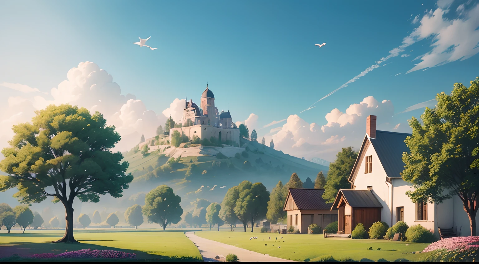 a beautiful place in mounted with bloomsome tree, add some birds in sky. home little town,