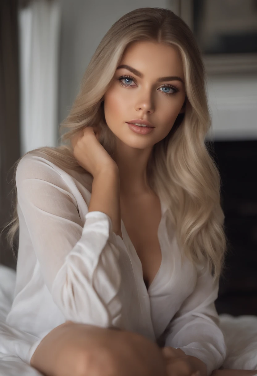 arafed woman fully , sexy girl with blue eyes, ultra realistic, meticulously detailed, portrait sophie mudd, blonde hair and large eyes, selfie of a young woman, bedroom eyes, violet myers, without makeup, natural makeup, looking directly at the camera, face with artgram, subtle makeup, stunning full body shot kneeling on bed, in club, large size bust