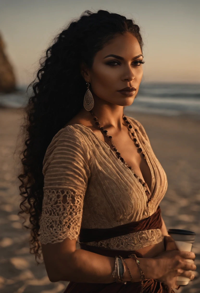 A beautiful half ebony, half Irish, half Samoan, and half Filipino woman, a vampire, has a Chicano style about her, has a great physique, soft demeanor, mature, and wields a weapon. Has braids, glasses, and blue eyes. Coffee and cream colored skin. Is wearing something nice and tight to show off how curvaceous she is, and standing along the beach.