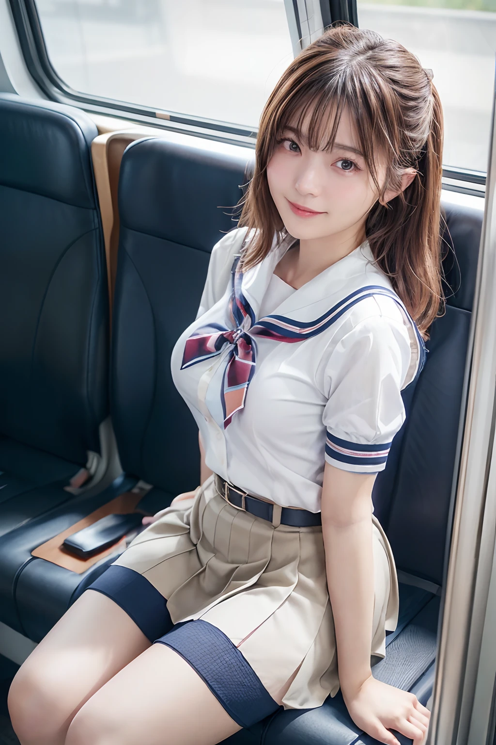 top-quality,ultra-detailliert,​masterpiece,realisitic,Photo Real,Bright lighting,1 girl in, an extremely beautiful 17-year-old girl, (kawaii:1.2),Thin smile, (Brown eyes),(brown haired),(bangss),perfect glossy skin,flawless skin,((erotick,Sexy and sexually explicit)),((accurate hands without incongruity)), large full breasts,big breasts thin waist, Look at viewers,((a sailor suit)),((Short sleeve uniform white shirt)),(red necktie),(Blue Mini Pleated Skirt),(((skirt lift by yourself))),(lifted by self),(Showing panties),panties on,panties focus,((Sit up,spread legswide)), sockes, (Black knee socks),(Loafer shoes), during daytime,On the train,Horizontal long seat with your back to the window