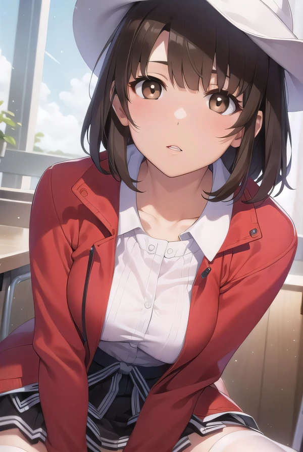 katoumegumi, megumi katou, brown hair, short hair, (brown eyes:1.7), 
BREAK hat, jacket, long sleeves, thighhighs, white headwear, white thighhighs, dress, white dress, (red jacket:1.5), (white hat:1.5), open cardigan, open clothes,
BREAK looking at viewer,
BREAK indoors, classroom,
BREAK (masterpiece:1.2), best quality, high resolution, unity 8k wallpaper, (illustration:0.8), (beautiful detailed eyes:1.6), extremely detailed face, perfect lighting, extremely detailed CG, (perfect hands, perfect ???????),