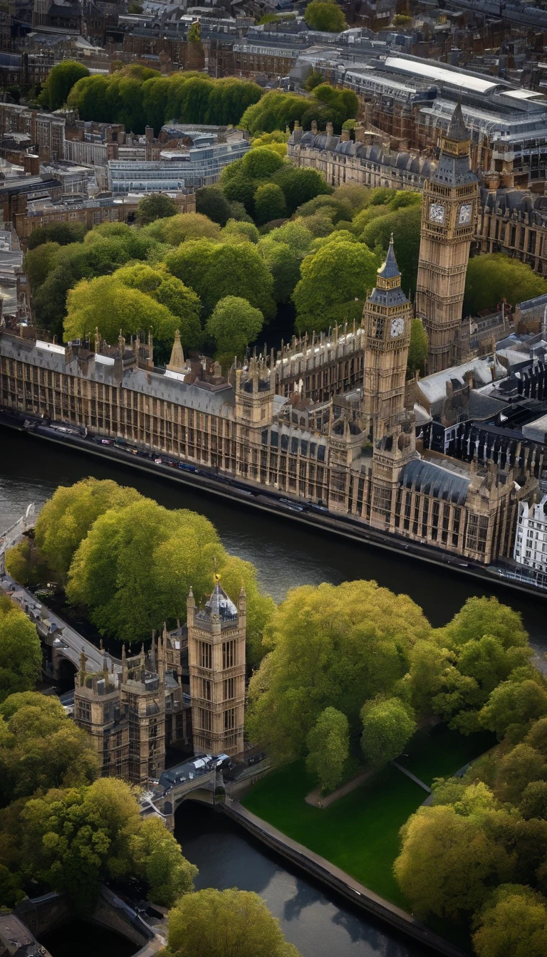 Aerial photograph of a house in the UK,Rows of sloping houses,Diagonal composition,Thames embankment,Big Ben, london, Rich in detail,photo realistic style:Photogram
