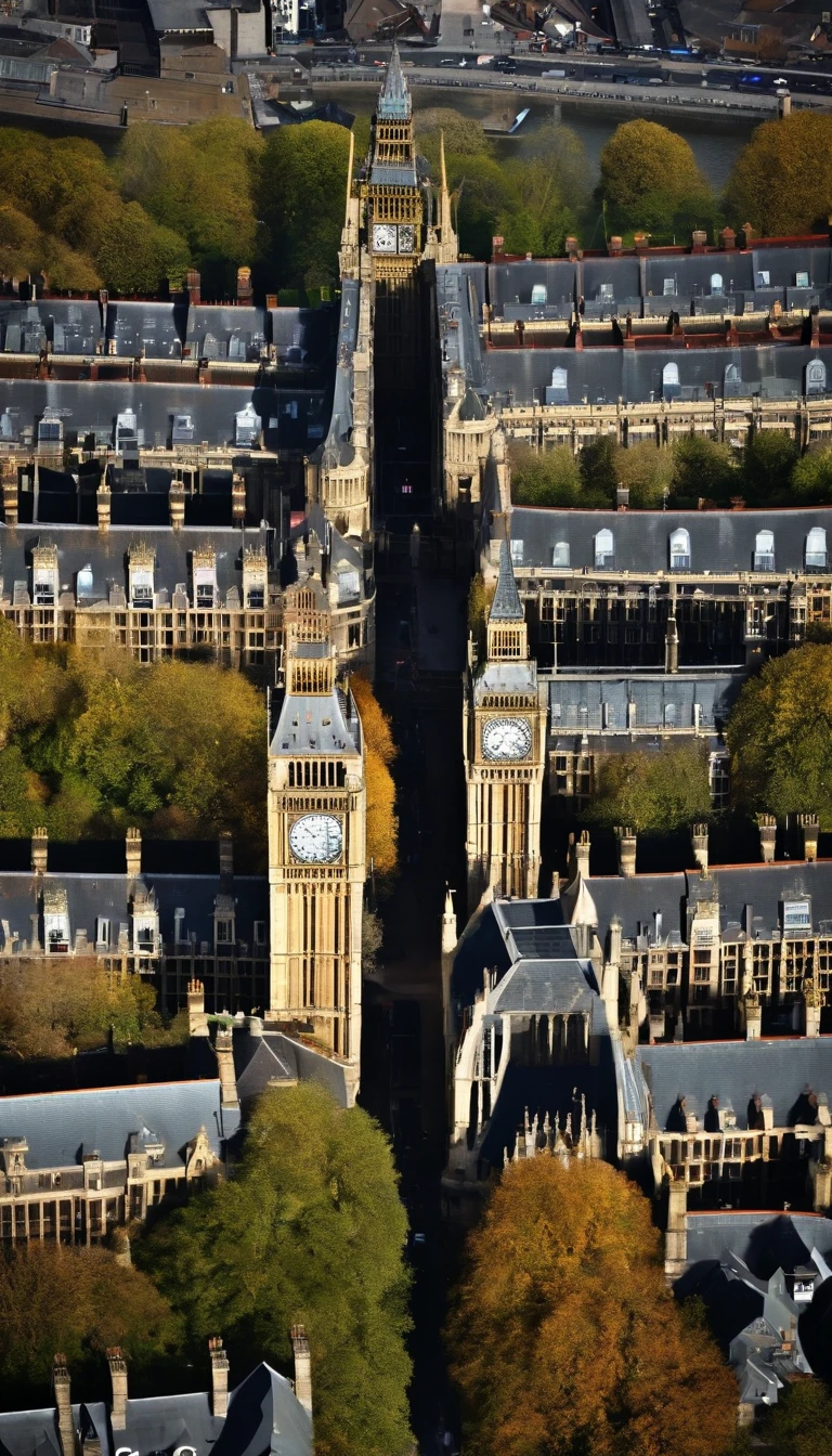 Aerial photograph of a house in the UK,Rows of sloping houses,Diagonal composition,Thames embankment,Big Ben, london, Rich in detail,photo realistic style:Photogram